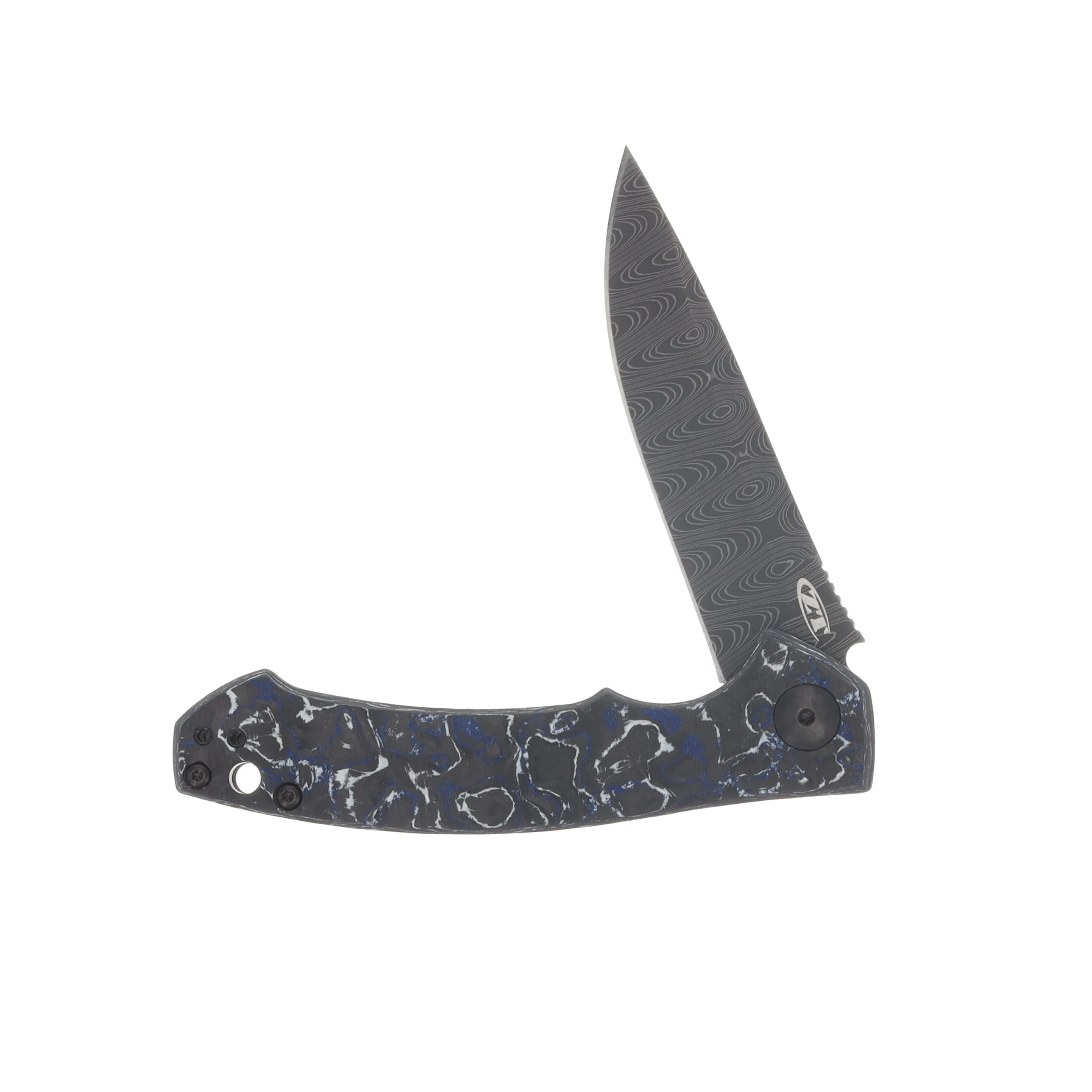 Zero Tolerance 0450 Blue & Black Carbon Fiber Handle Damascus Blade ZT0450MMC View 3