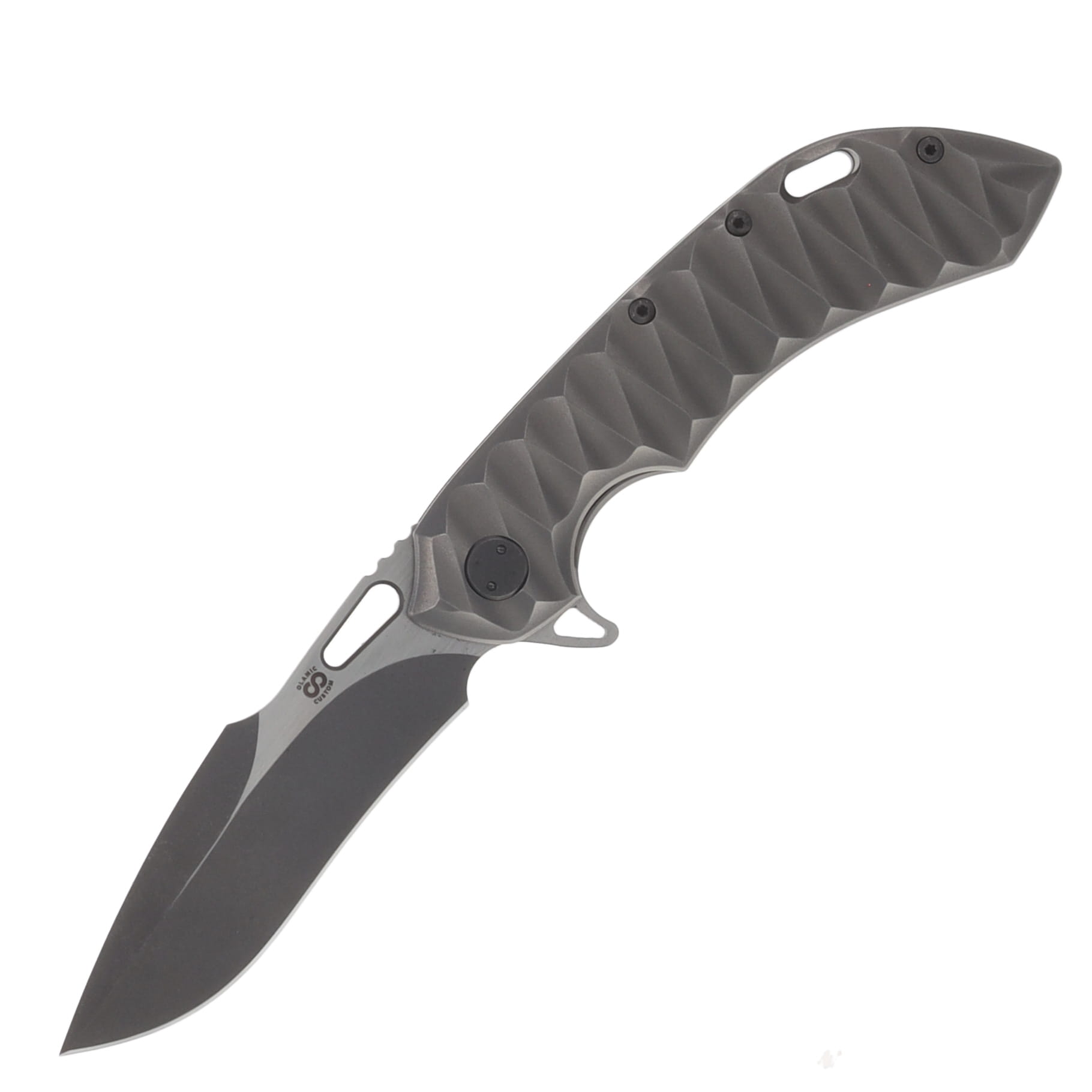Olamic Wayfarer 247 Folding Knife Two Tone Stonewash Harpoon M390/Scalloped Zirblast Titanium with Lynch NW Pocket Clip 596H View 1