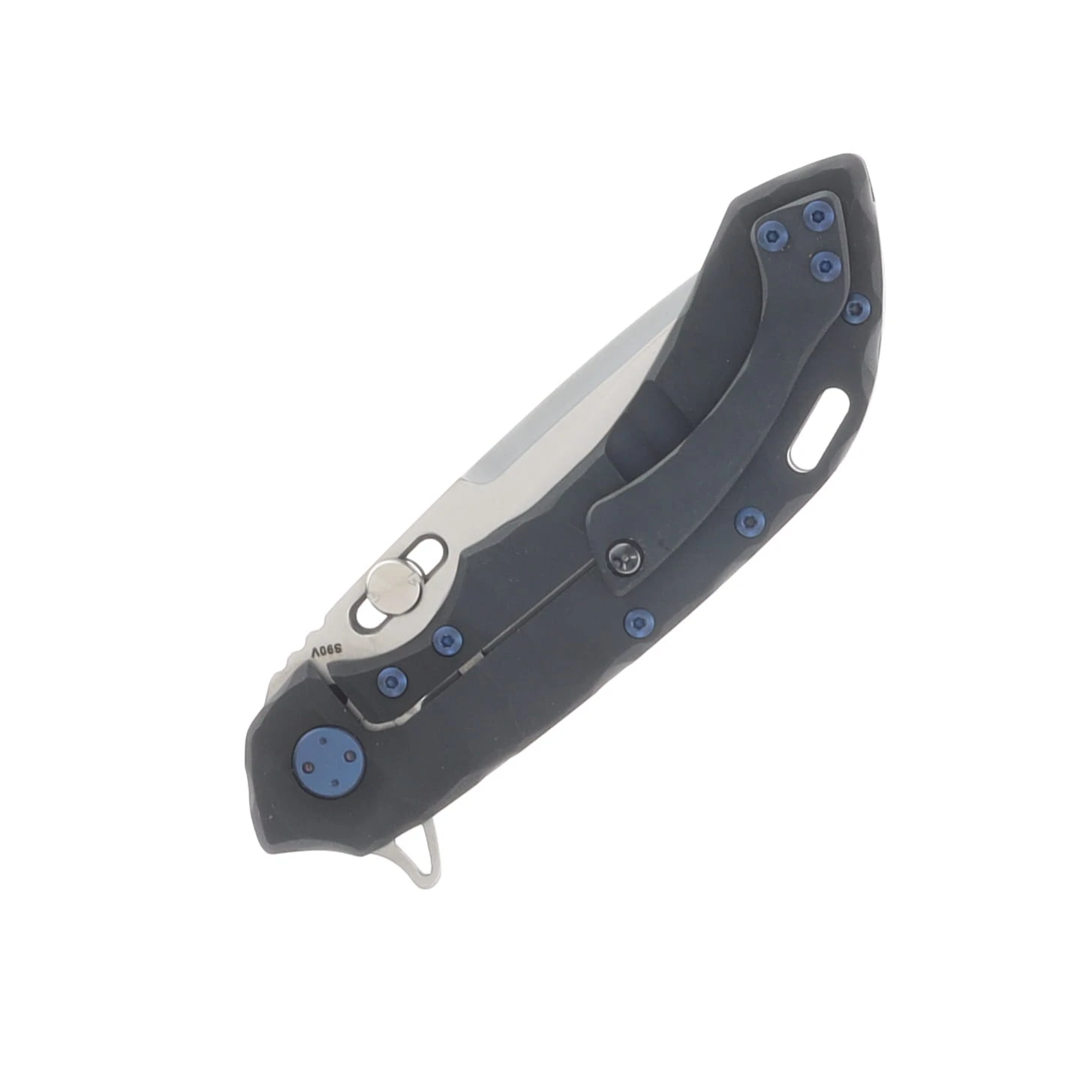 Olamic Wayfarer 247 Folding Knife Satin S90V Purist/Aphotic Titanium with Matte Blue Accents and Rocks Sculpted Aphotic Clip 245P View 5