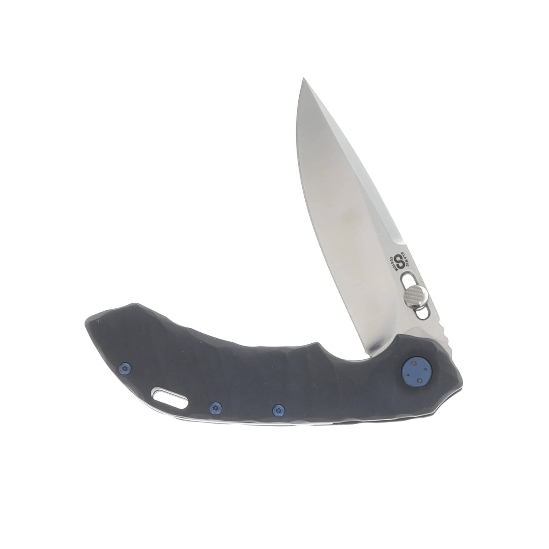 Olamic Wayfarer 247 Folding Knife Satin S90V Purist/Aphotic Titanium with Matte Blue Accents and Rocks Sculpted Aphotic Clip 245P View 3
