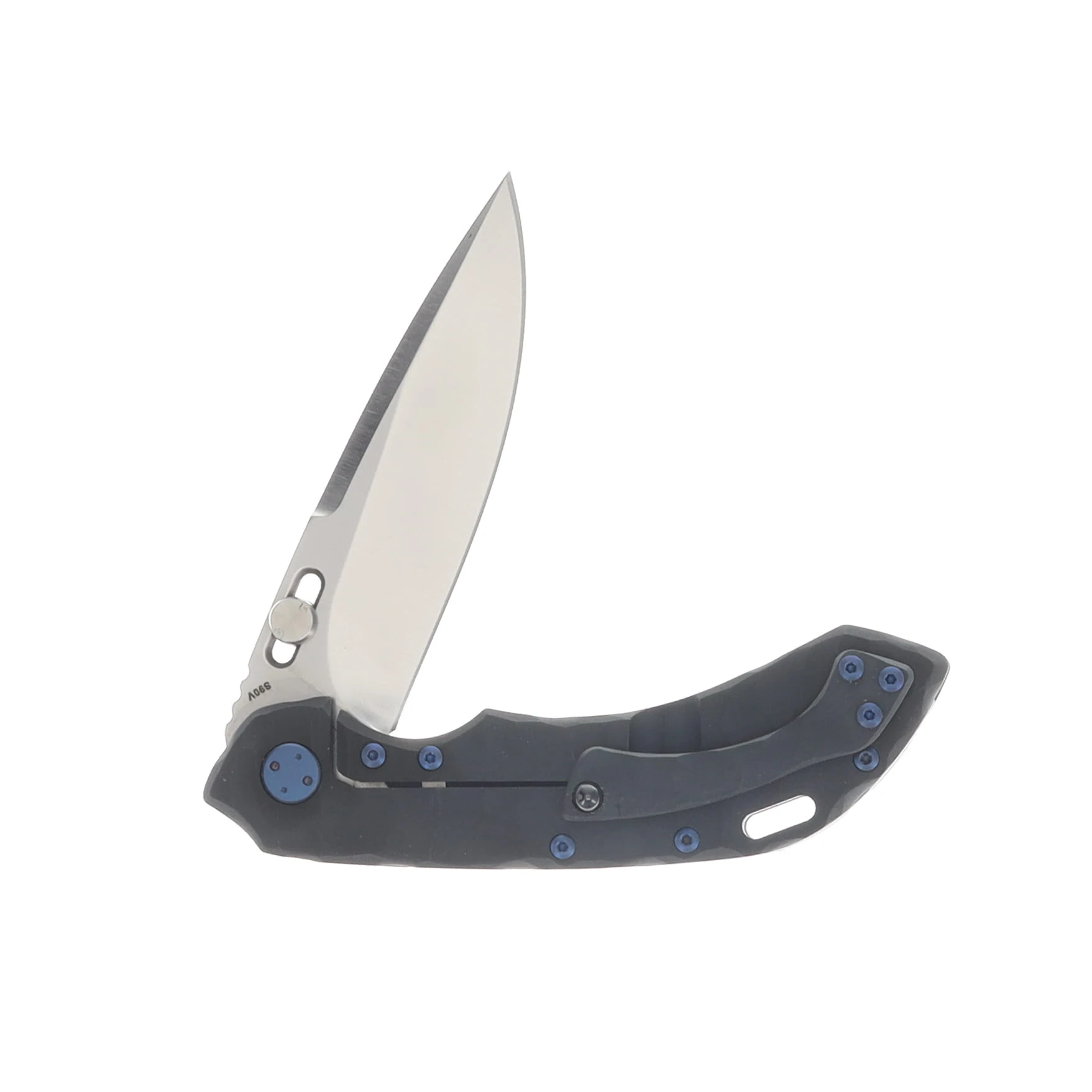 Olamic Wayfarer 247 Folding Knife Satin S90V Purist/Aphotic Titanium with Matte Blue Accents and Rocks Sculpted Aphotic Clip 245P View 4