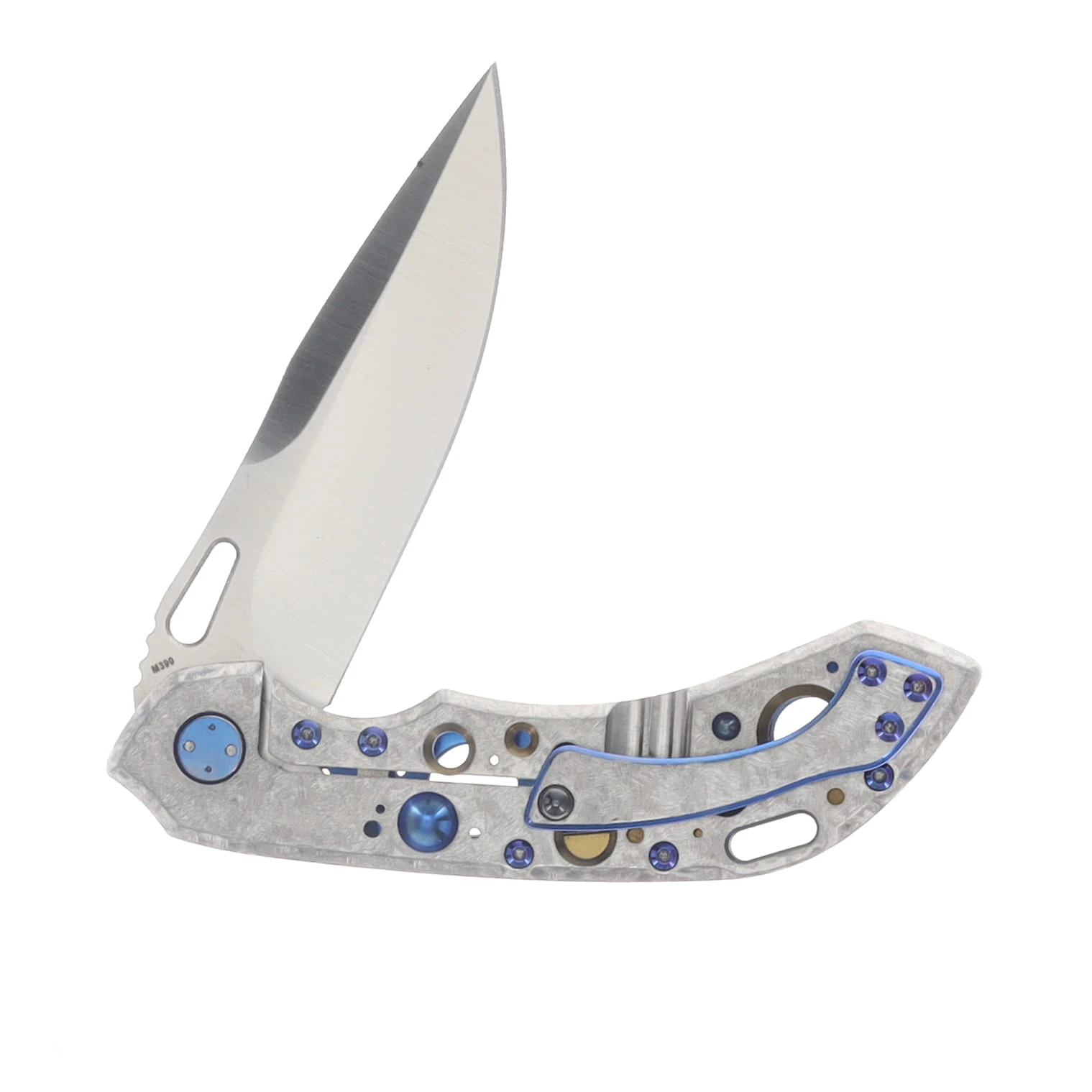 Olamic Wayfarer 247 Folding Knife Satin M390 Drop Point/Frosty Titanium with Blue and Gold Anodized Acid Rain Cutouts and Frosty/Blue Anodized Pocket Clip 1823 View 4