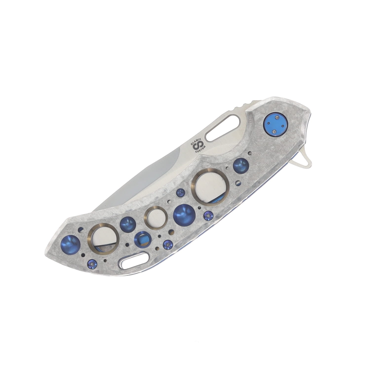 Olamic Wayfarer 247 Folding Knife Satin M390 Drop Point/Frosty Titanium with Blue and Gold Anodized Acid Rain Cutouts and Frosty/Blue Anodized Pocket Clip 1823 View 5