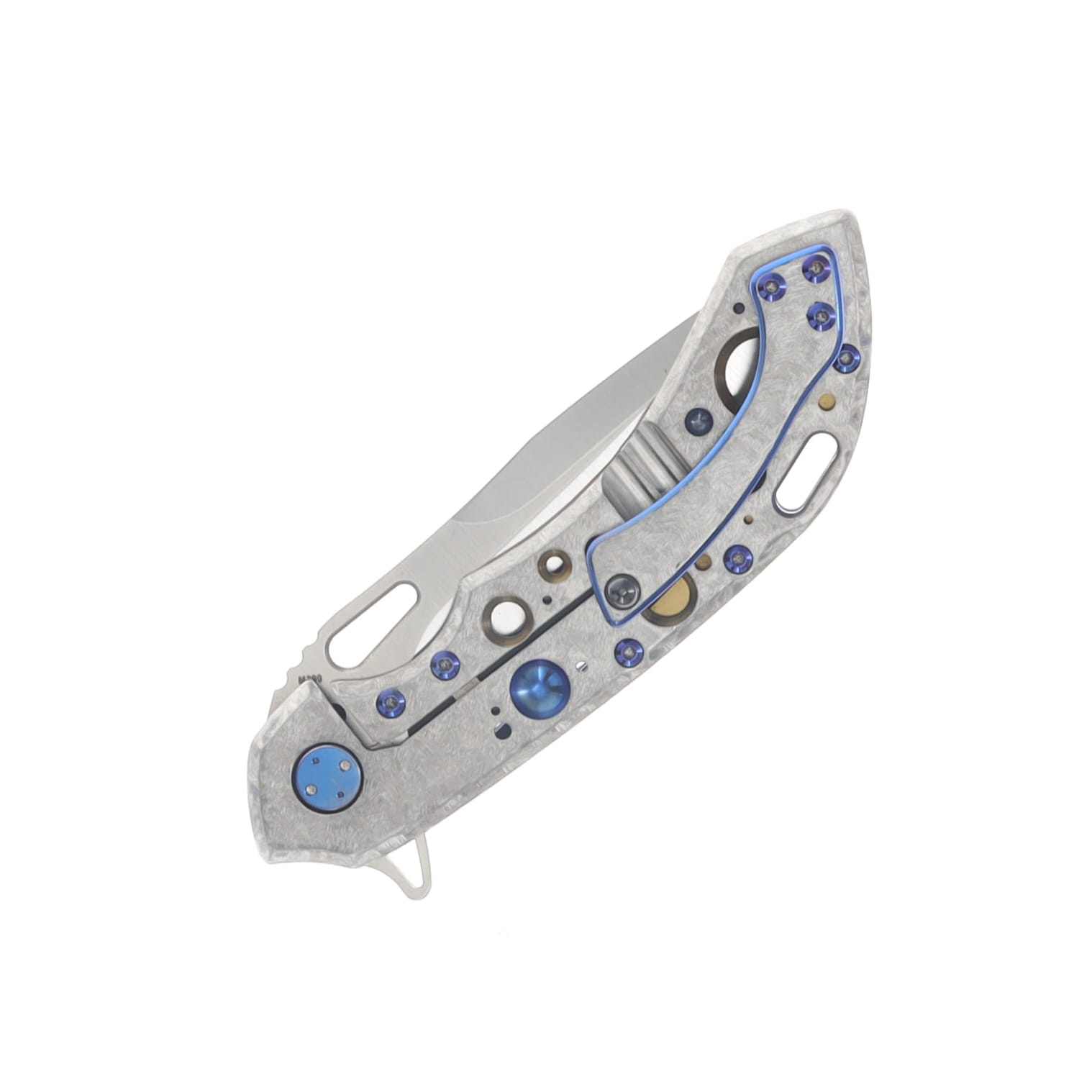 Olamic Wayfarer 247 Folding Knife Satin M390 Drop Point/Frosty Titanium with Blue and Gold Anodized Acid Rain Cutouts and Frosty/Blue Anodized Pocket Clip 1823 View 6