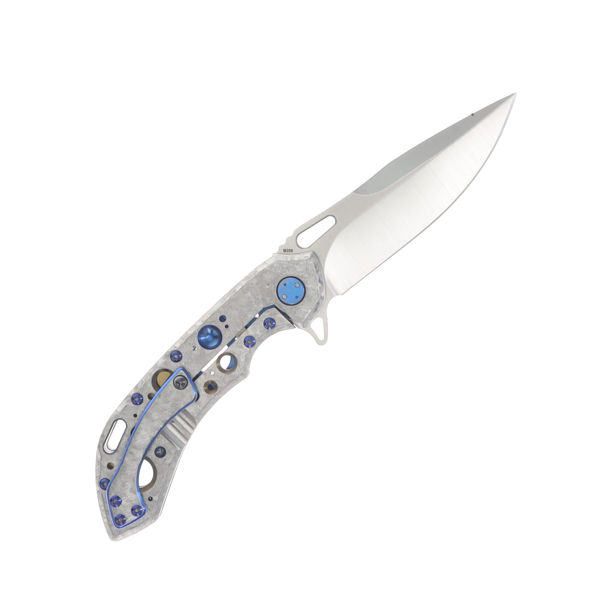 Olamic Wayfarer 247 Folding Knife Satin M390 Drop Point/Frosty Titanium with Blue and Gold Anodized Acid Rain Cutouts and Frosty/Blue Anodized Pocket Clip 1823 View 2