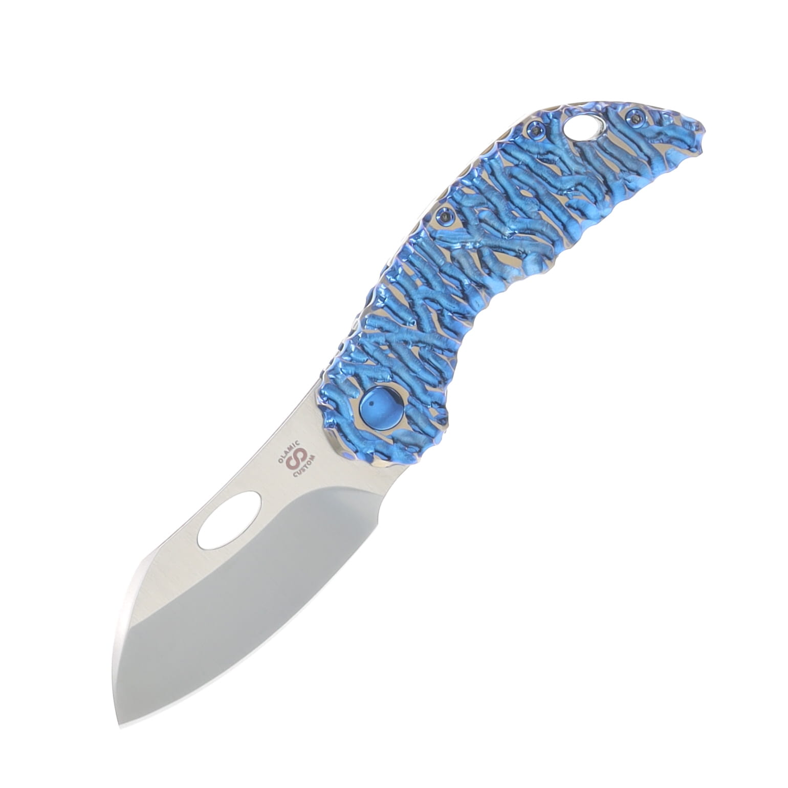 Olamic Busker Largo Folding Knife Satin M390/Two Tone Blue and Gold Titanium with Volcanic Carving and Blue Anodized Pocket Clip 784L View 2