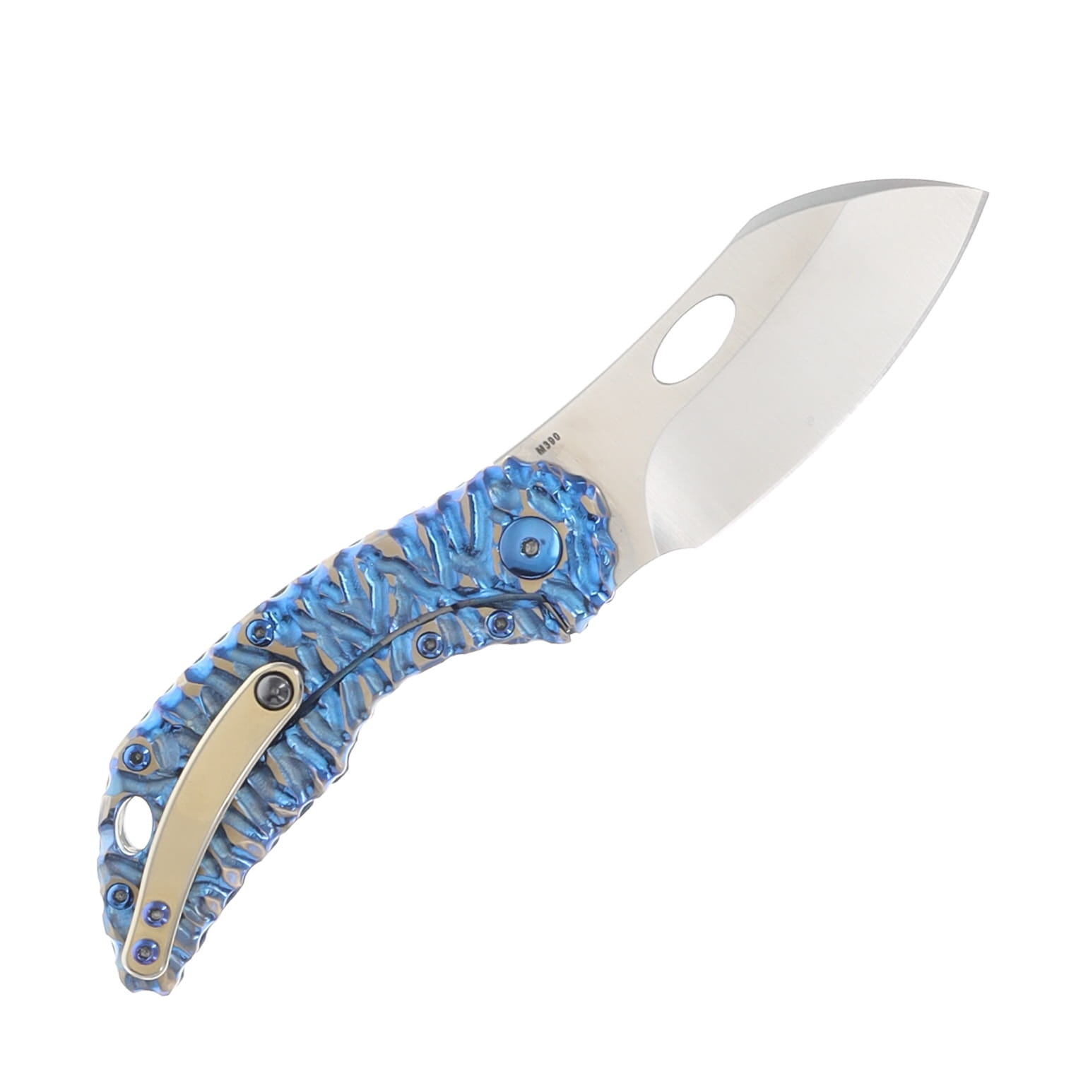 Olamic Busker Largo Folding Knife Satin M390/Two Tone Blue and Gold Titanium with Volcanic Carving and Blue Anodized Pocket Clip 784L View 3
