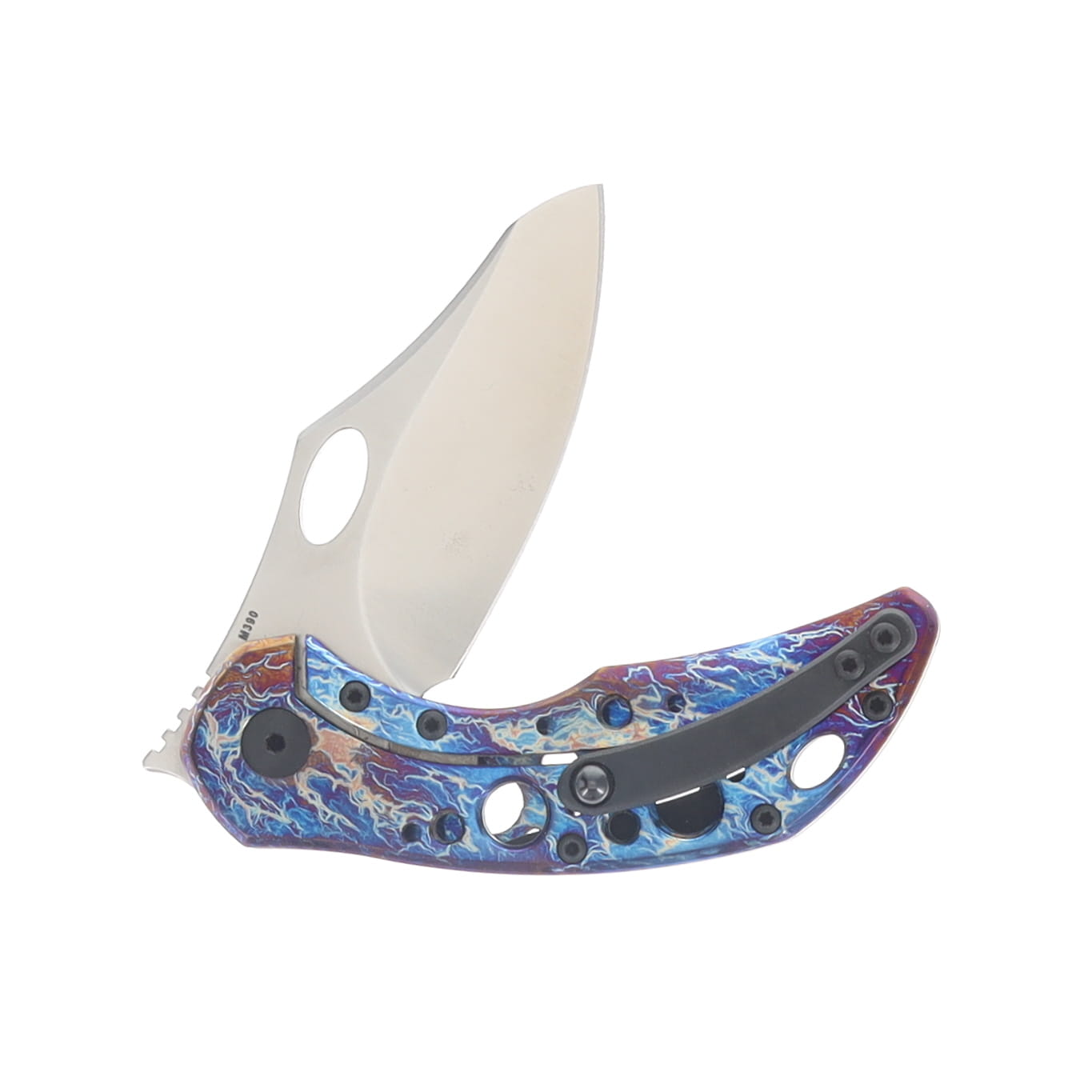 Olamic Busker Semper Folding Knife Satin M390/Original Entropic with Acid Rain Cutouts and Aphotic Clip 7085 View 4