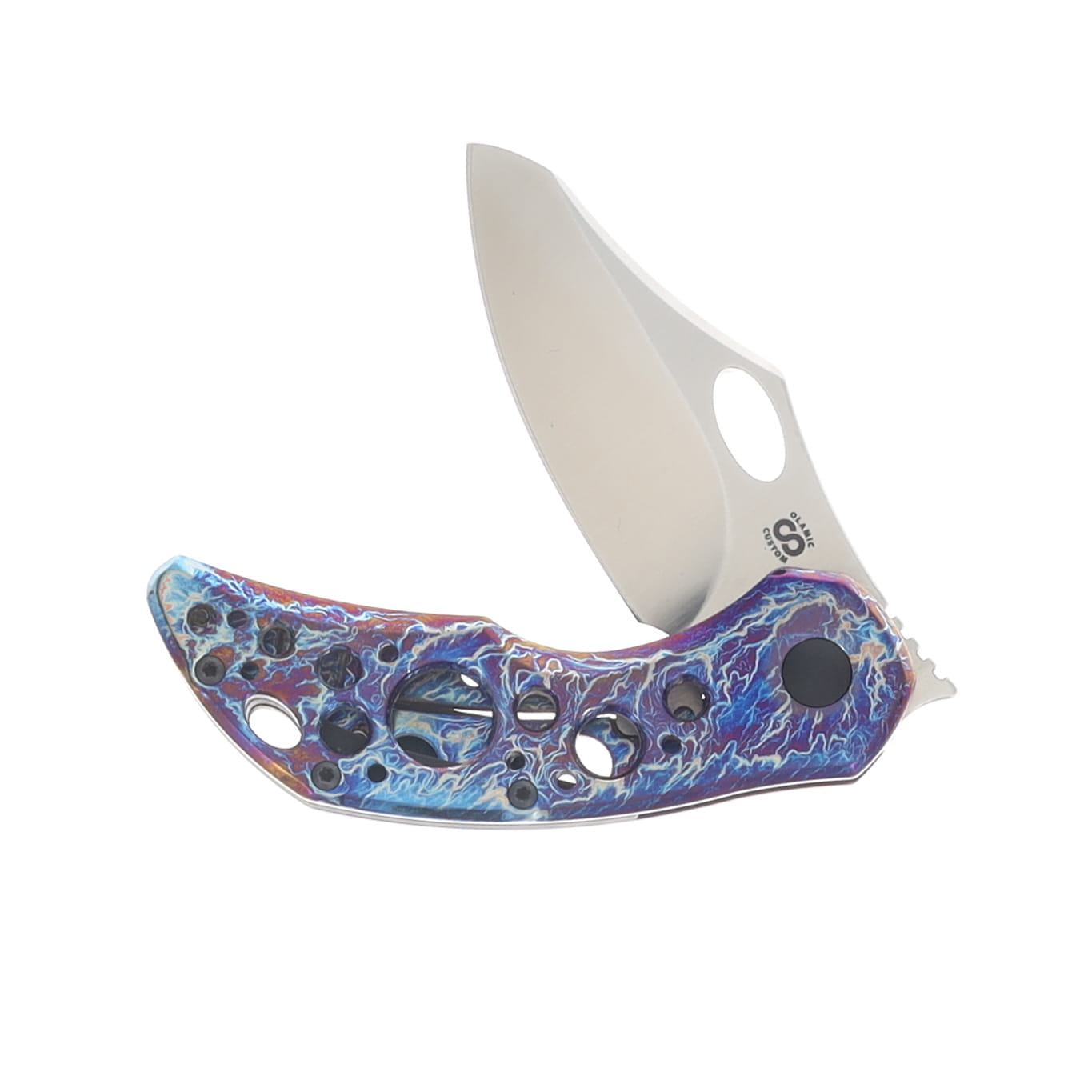 Olamic Busker Semper Folding Knife Satin M390/Original Entropic with Acid Rain Cutouts and Aphotic Clip 7085 View 3