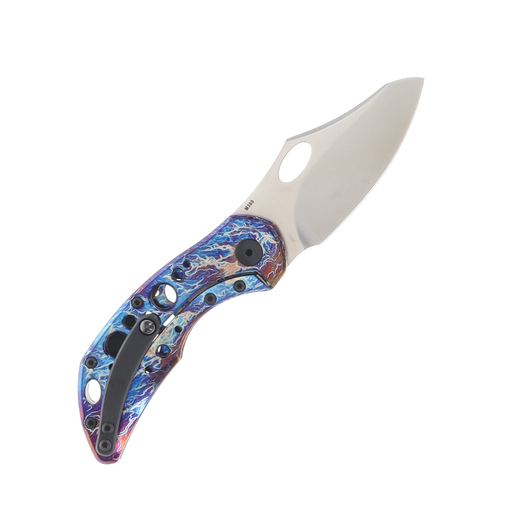 Olamic Busker Semper Folding Knife Satin M390/Original Entropic with Acid Rain Cutouts and Aphotic Clip 7085 View 2