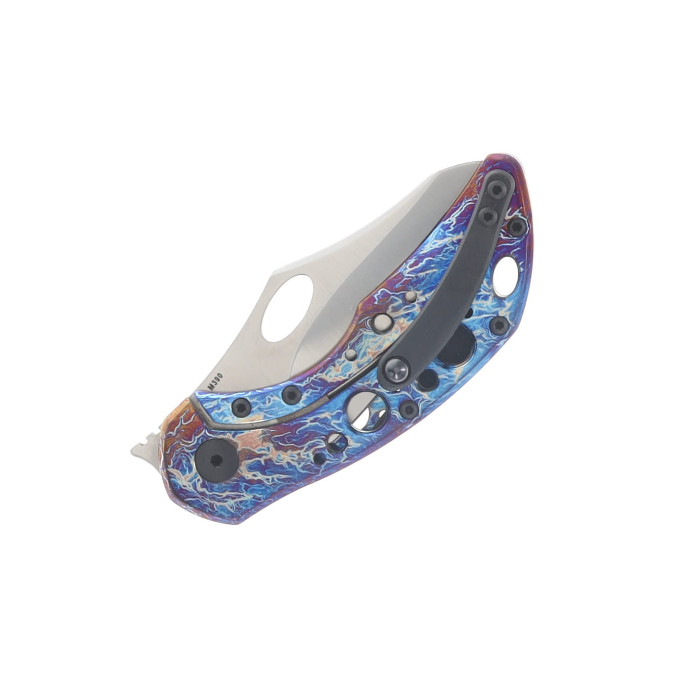 Olamic Busker Semper Folding Knife Satin M390/Original Entropic with Acid Rain Cutouts and Aphotic Clip 7085 View 6