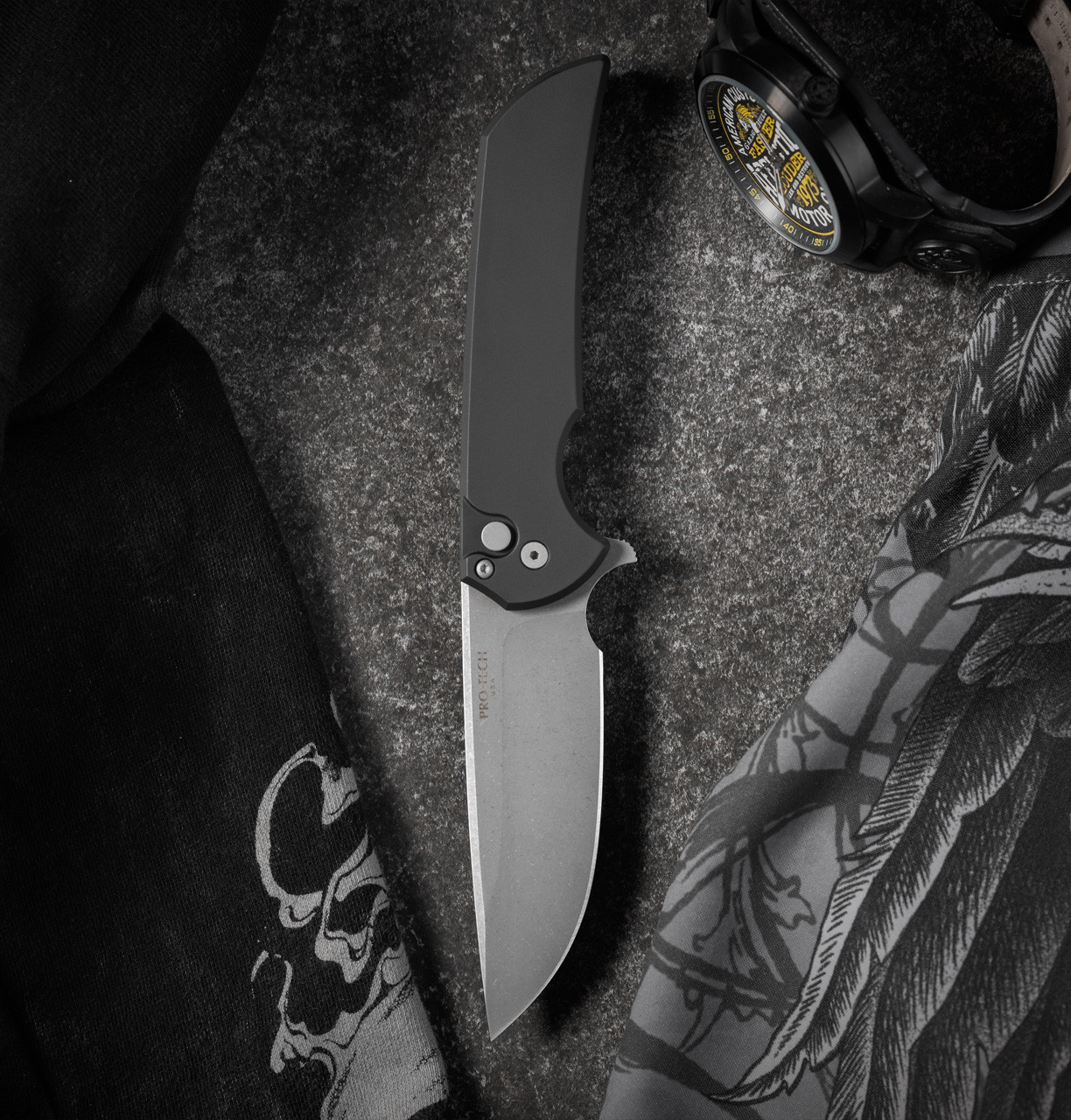 Pro Tech Mordax Folding Knife Solid Black Handle Acid Wash 20CV Blade MX101-AW 20CV View 1