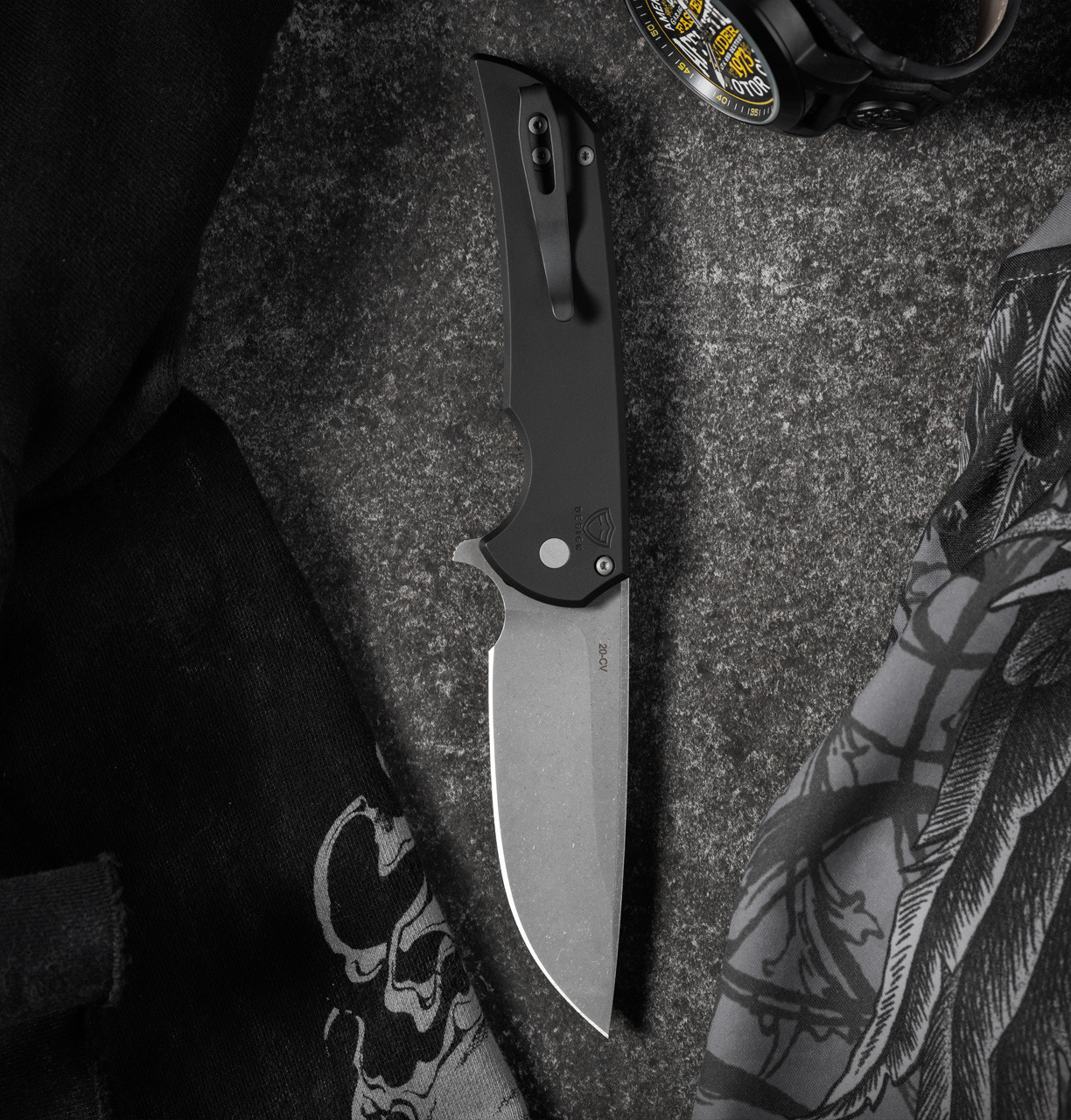 Pro Tech Mordax Folding Knife Solid Black Handle Acid Wash 20CV Blade MX101-AW 20CV View 2
