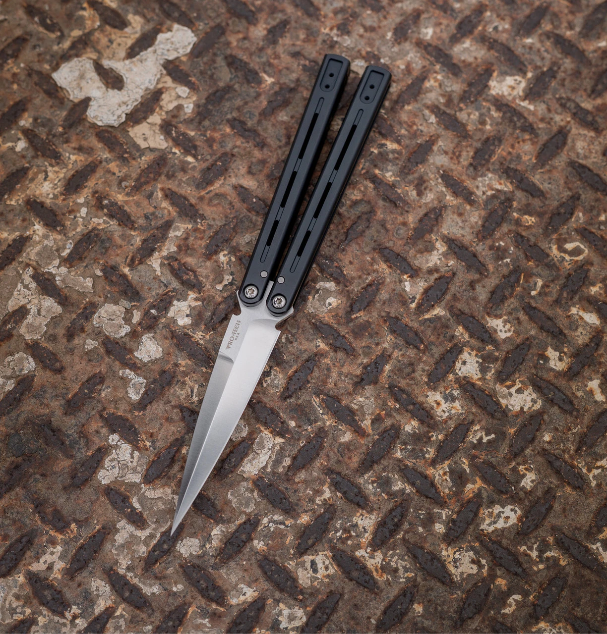 Pro Tech Squid Ind. Collab FlyFather 2 Balisong Black Aluminum Channel Handles Satin 154CM Blade FF2101 View 1