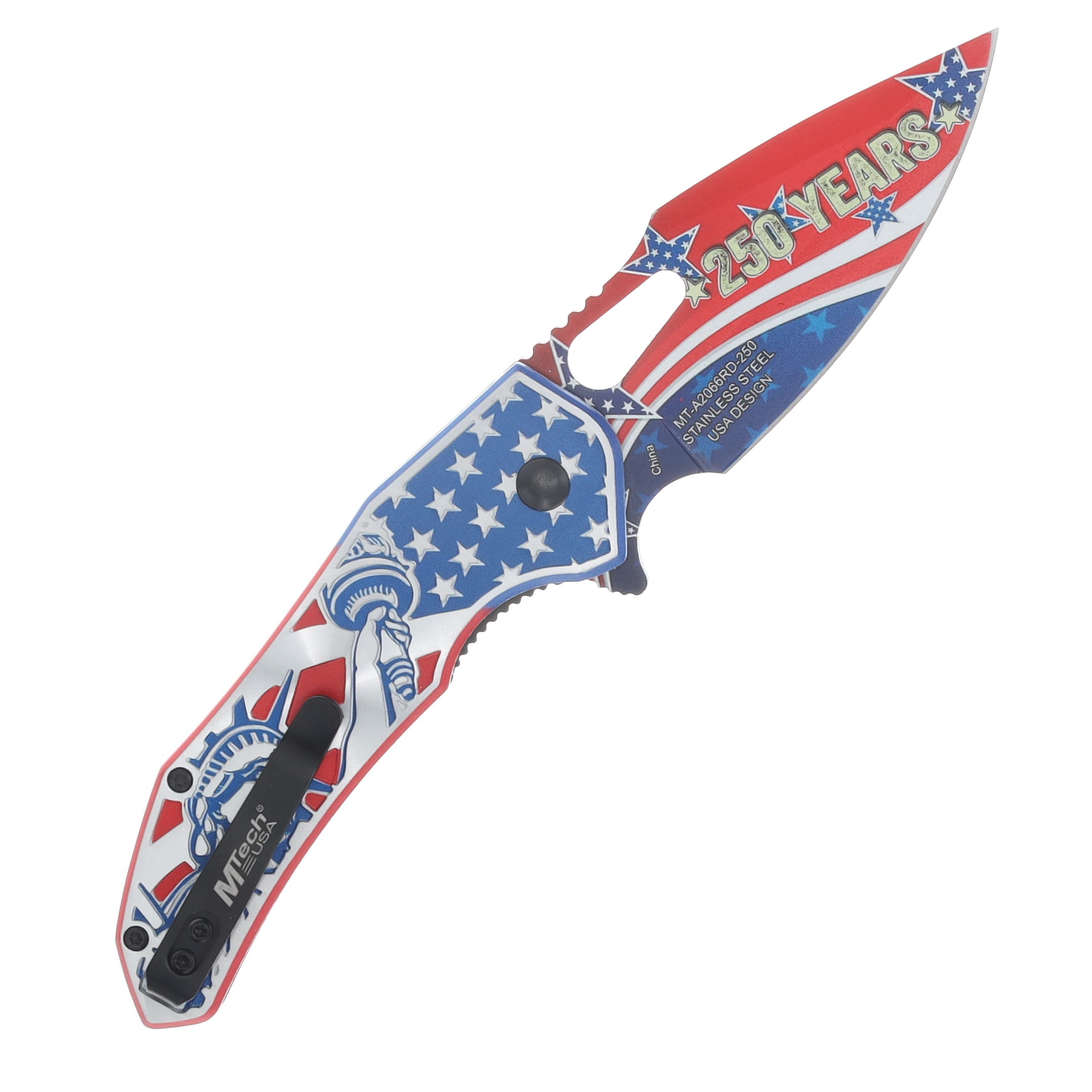 Mtech USA 250th Ann. Spring Assisted Linerlock Folder R-W-B Statue of Liberty Handle MT-A2066RD-250 View 2