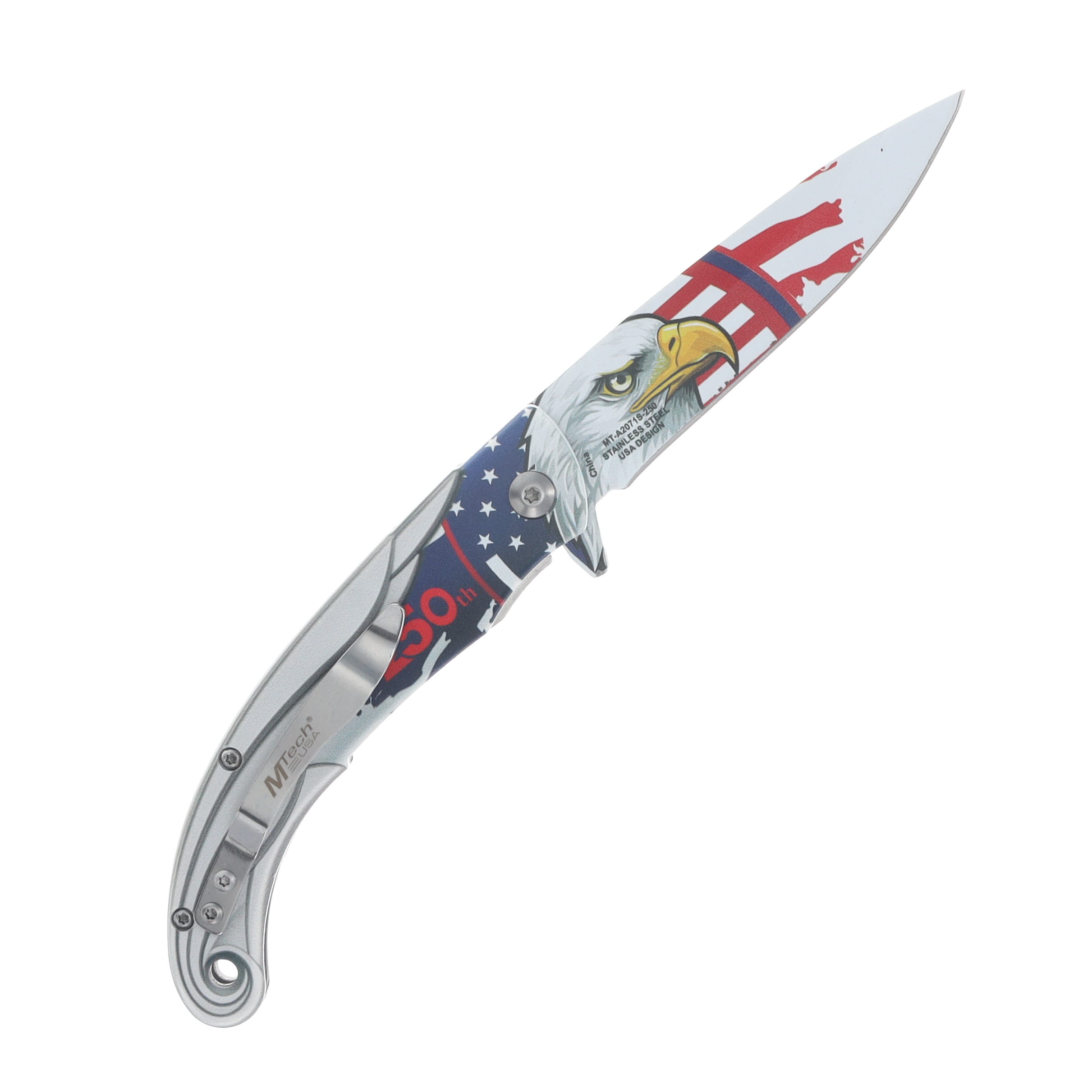 Mtech USA 250th Ann. Spring Assisted Linerlock Folder Silver Handle Eagle Blade MT-A2071S-250 View 2