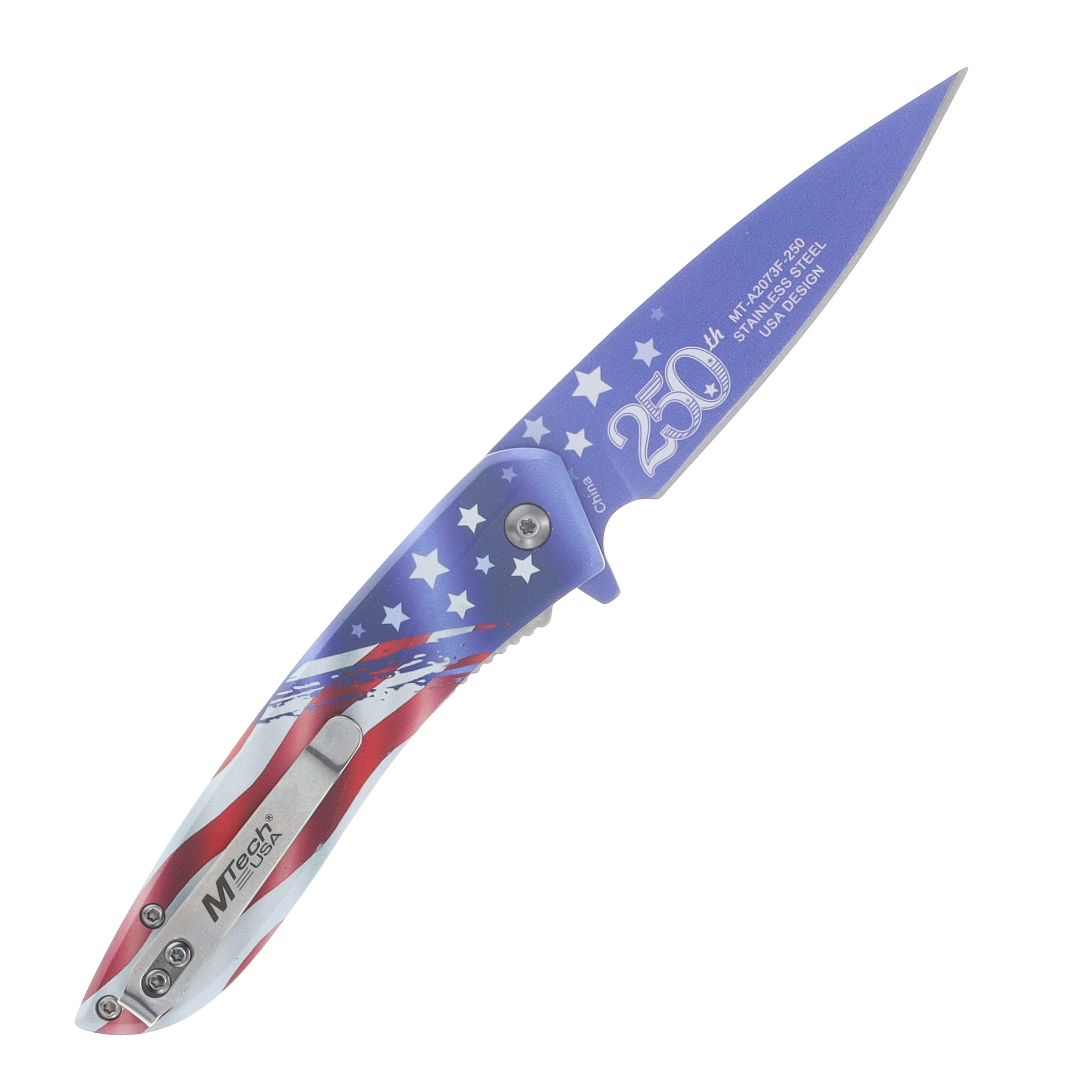 Mtech USA 250th Ann. Spring Assisted Linerlock Folder Blue Stars 250th Blade/Flag Handle MT-A2073F-250 View 2