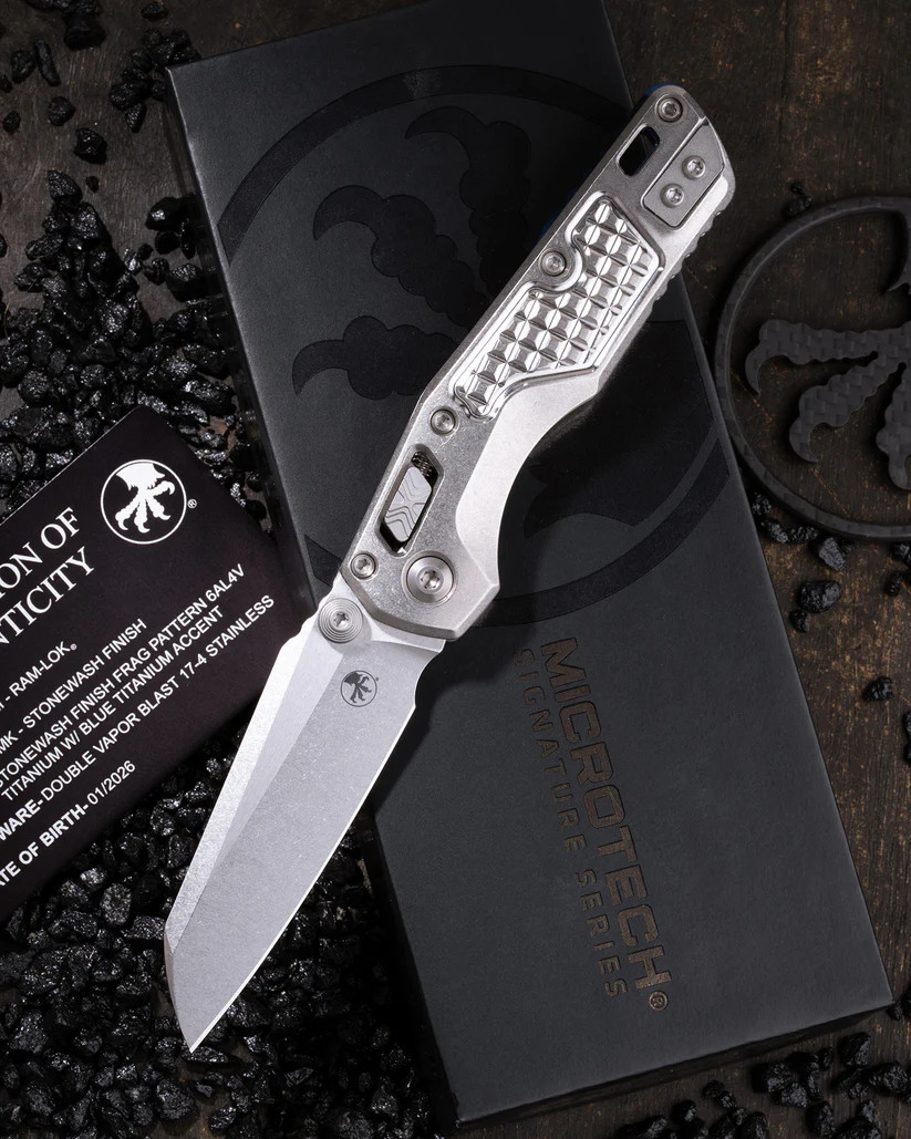 Microtech MSI Mini Ram-Lok Marfione Select Folder SW Finish-SW Finish Frag Pattern TI W/Blue TI Accent Double Vapor Blast Stainless MT210M10FRMS3 View 8