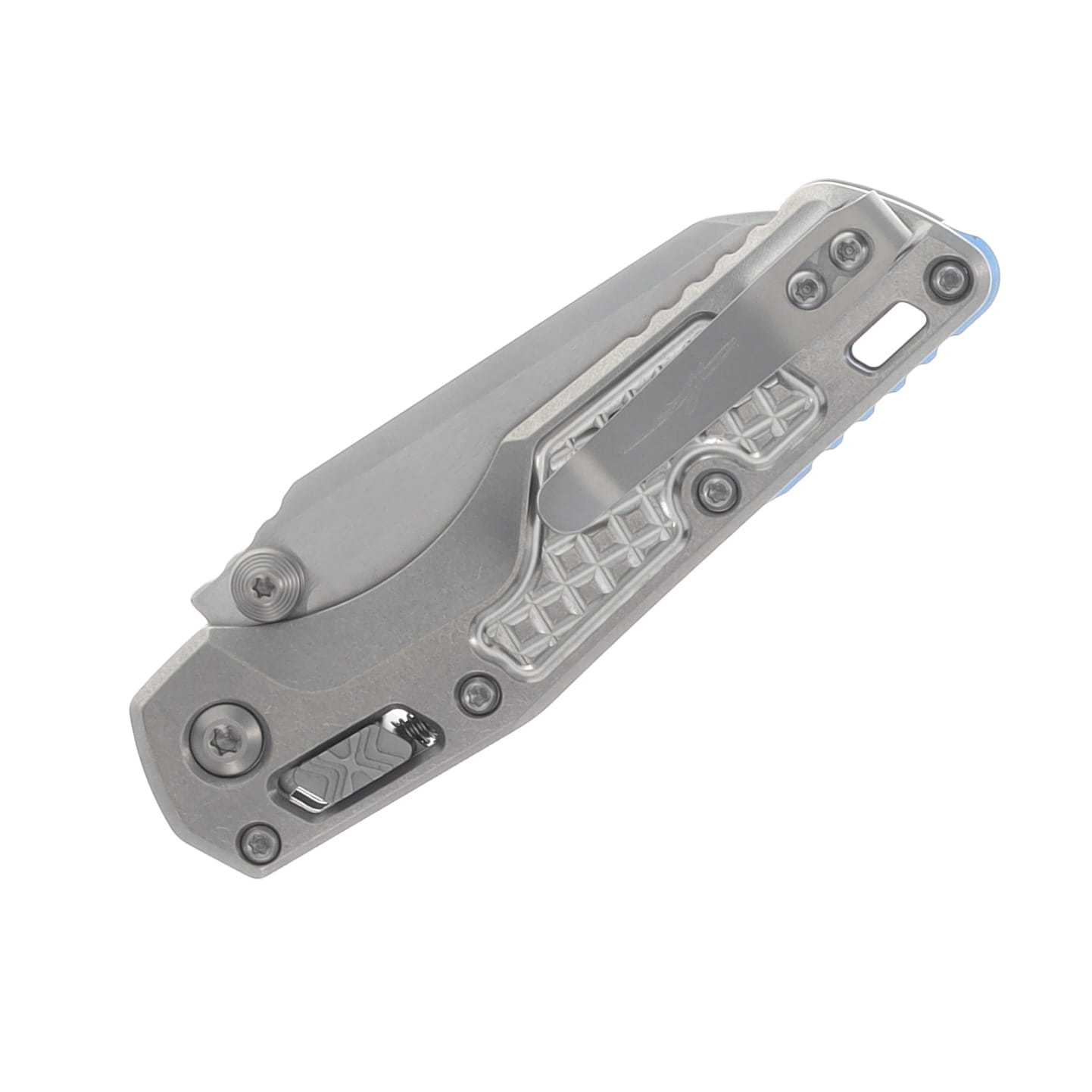 Microtech MSI Mini Ram-Lok Marfione Select Folder SW Finish-SW Finish Frag Pattern TI W/Blue TI Accent Double Vapor Blast Stainless MT210M10FRMS3 View 5