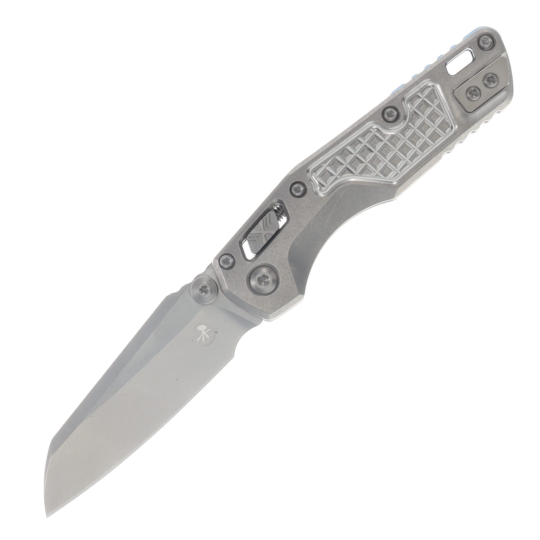 Microtech MSI Mini Ram-Lok Marfione Select Folder SW Finish-SW Finish Frag Pattern TI W/Blue TI Accent Double Vapor Blast Stainless MT210M10FRMS3 View 1