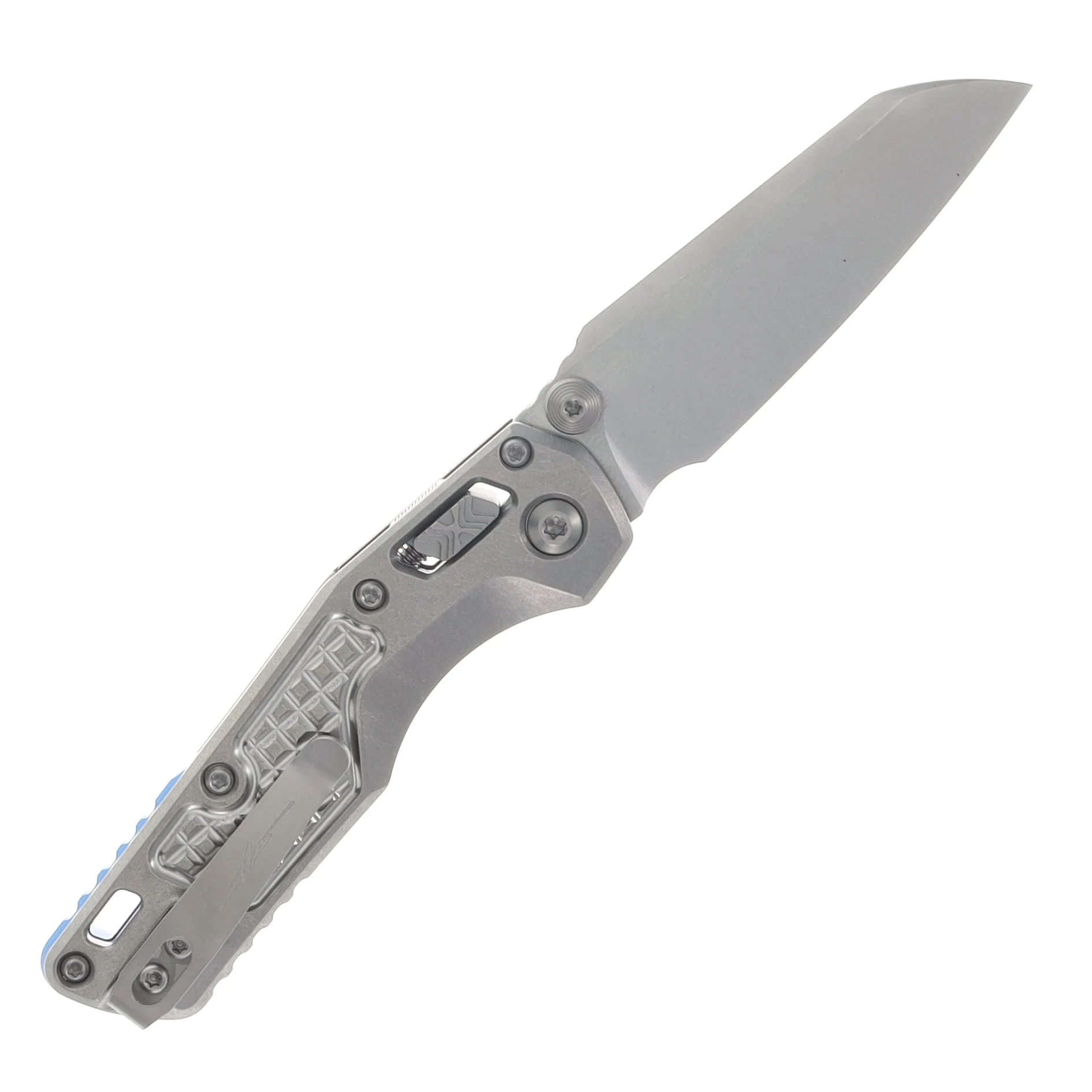 Microtech MSI Mini Ram-Lok Marfione Select Folder SW Finish-SW Finish Frag Pattern TI W/Blue TI Accent Double Vapor Blast Stainless MT210M10FRMS3 View 2