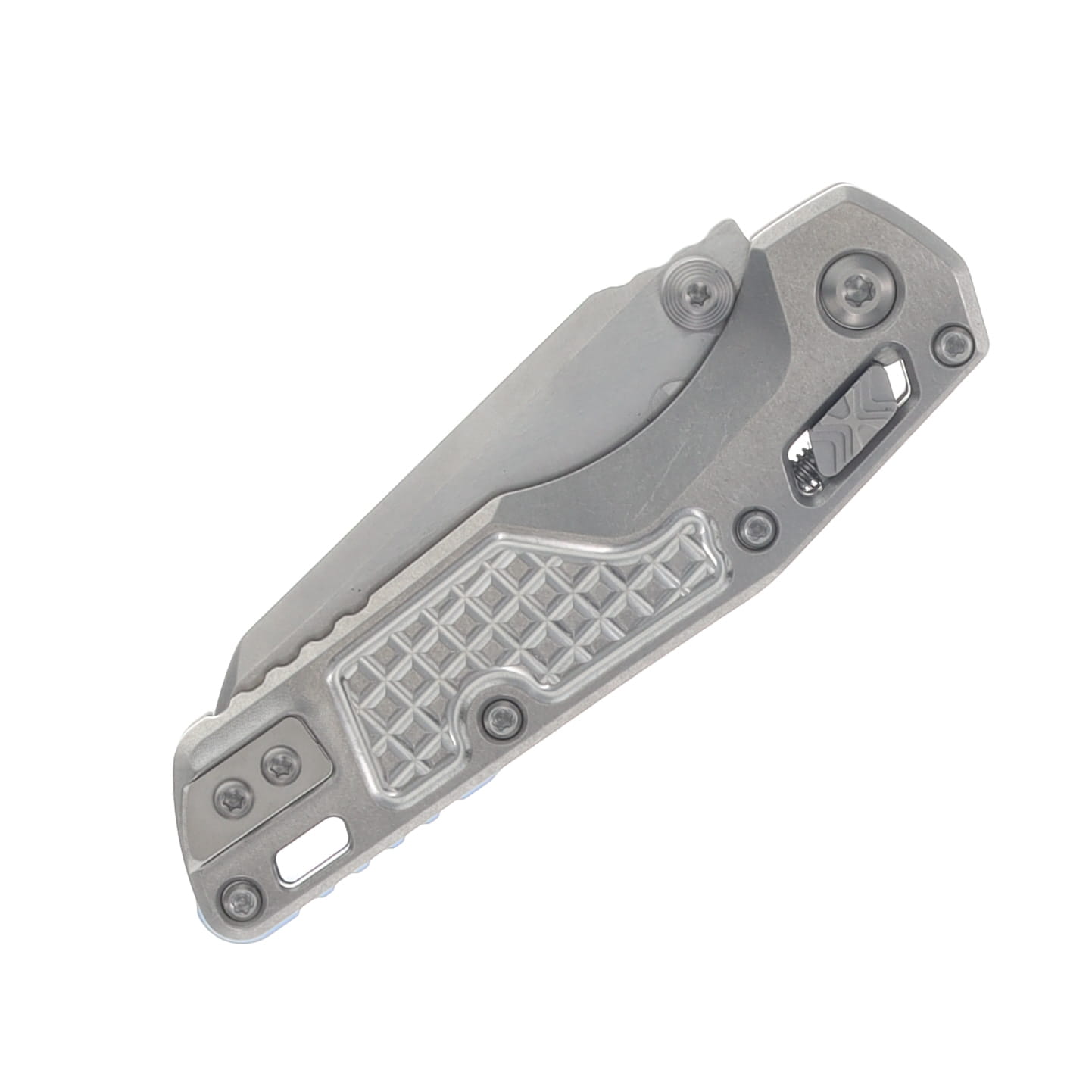 Microtech MSI Mini Ram-Lok Marfione Select Folder SW Finish-SW Finish Frag Pattern TI W/Blue TI Accent Double Vapor Blast Stainless MT210M10FRMS3 View 6