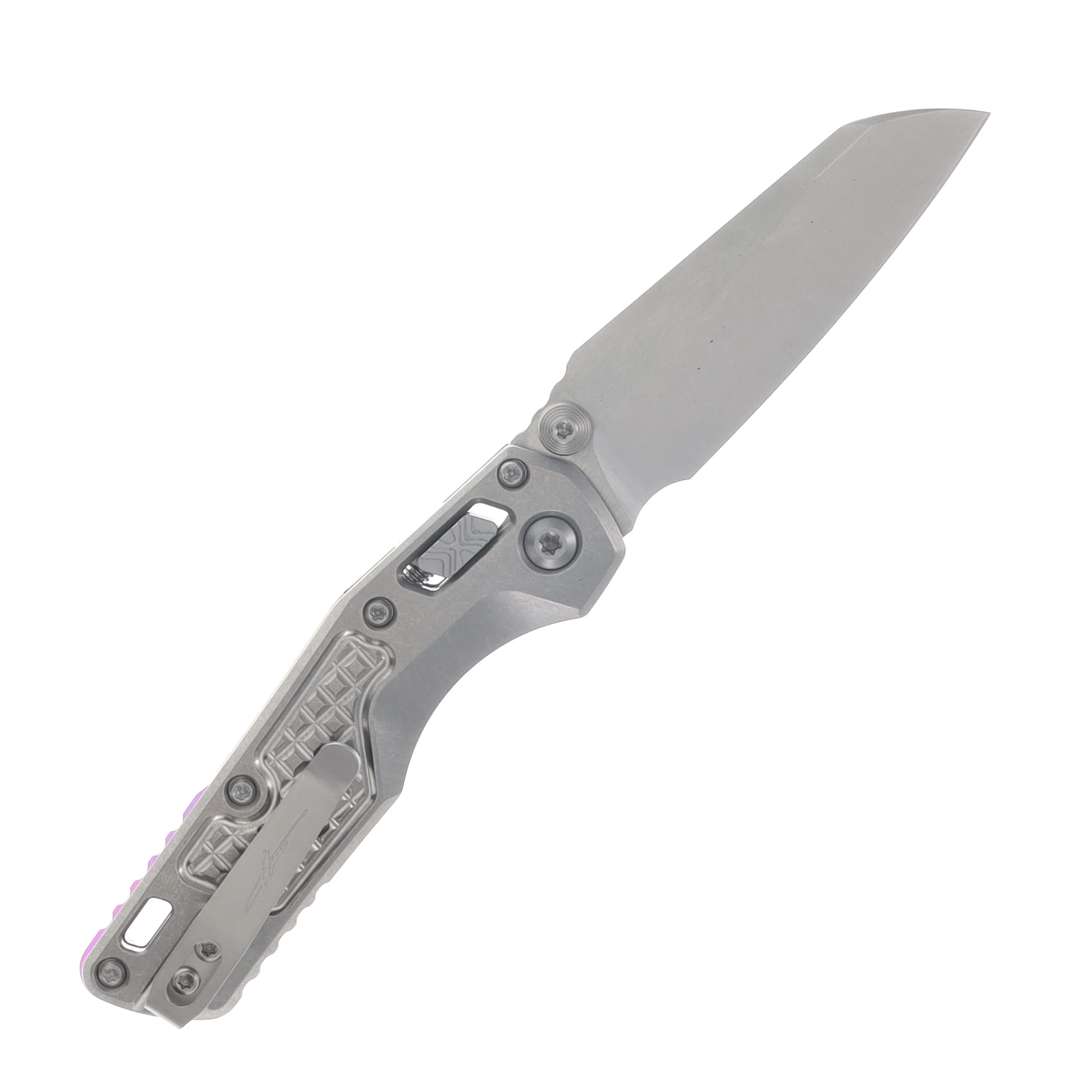 Microtech MSI Mini Ram-Lok Marfione Select Folder SW Finish- SW Finish Frag Pattern TI W/ Purple TI Accent Double Vapor Blast Stainless MT210M10FRMS4 View 2