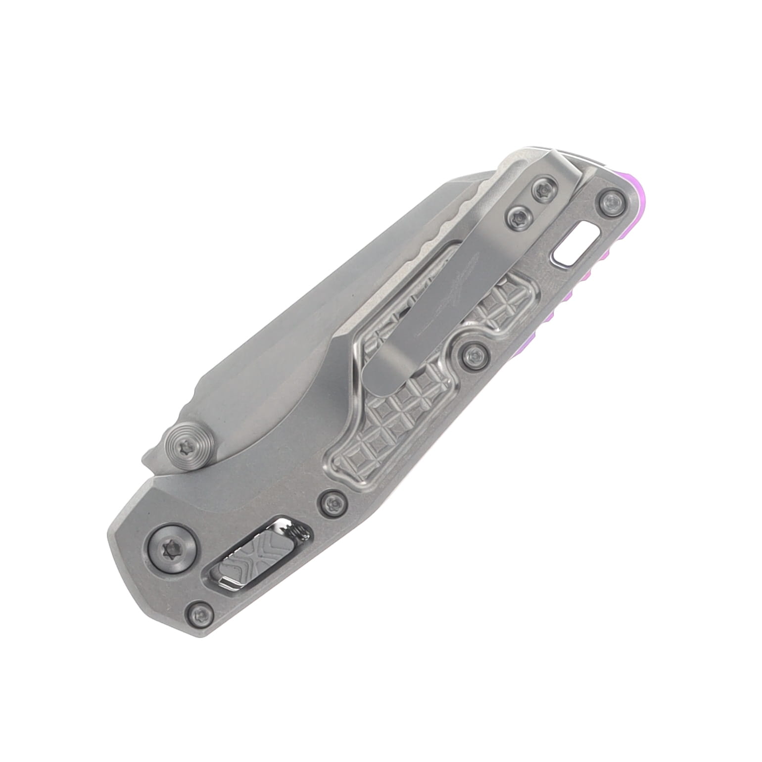 Microtech MSI Mini Ram-Lok Marfione Select Folder SW Finish- SW Finish Frag Pattern TI W/ Purple TI Accent Double Vapor Blast Stainless MT210M10FRMS4 View 5