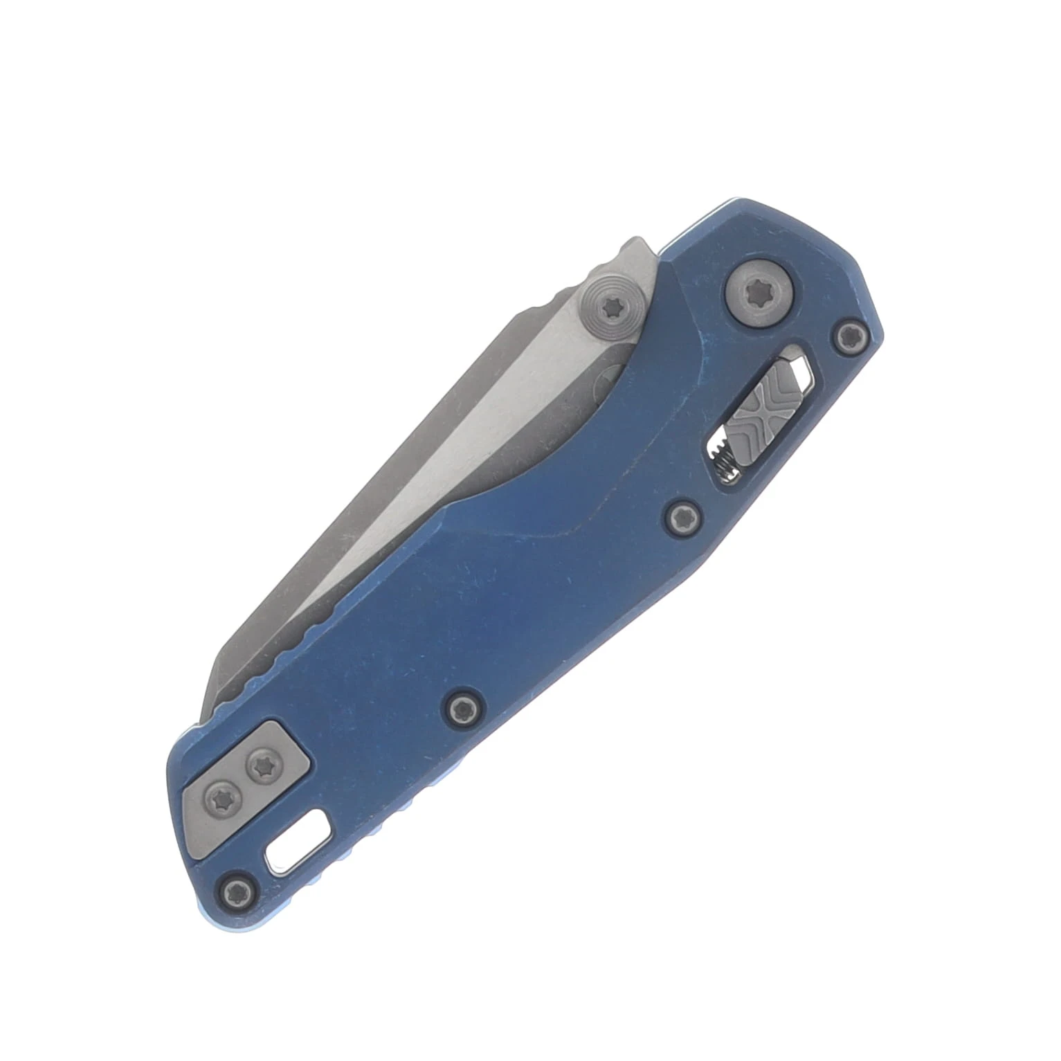 Microtech MSI Mini Ram-Lok Marfione Select Folder PS Apocalyptic Finish Antique Blue Anodized Slab Side TI W/ Blue TI Accent Apocalyptic Stainless View 6