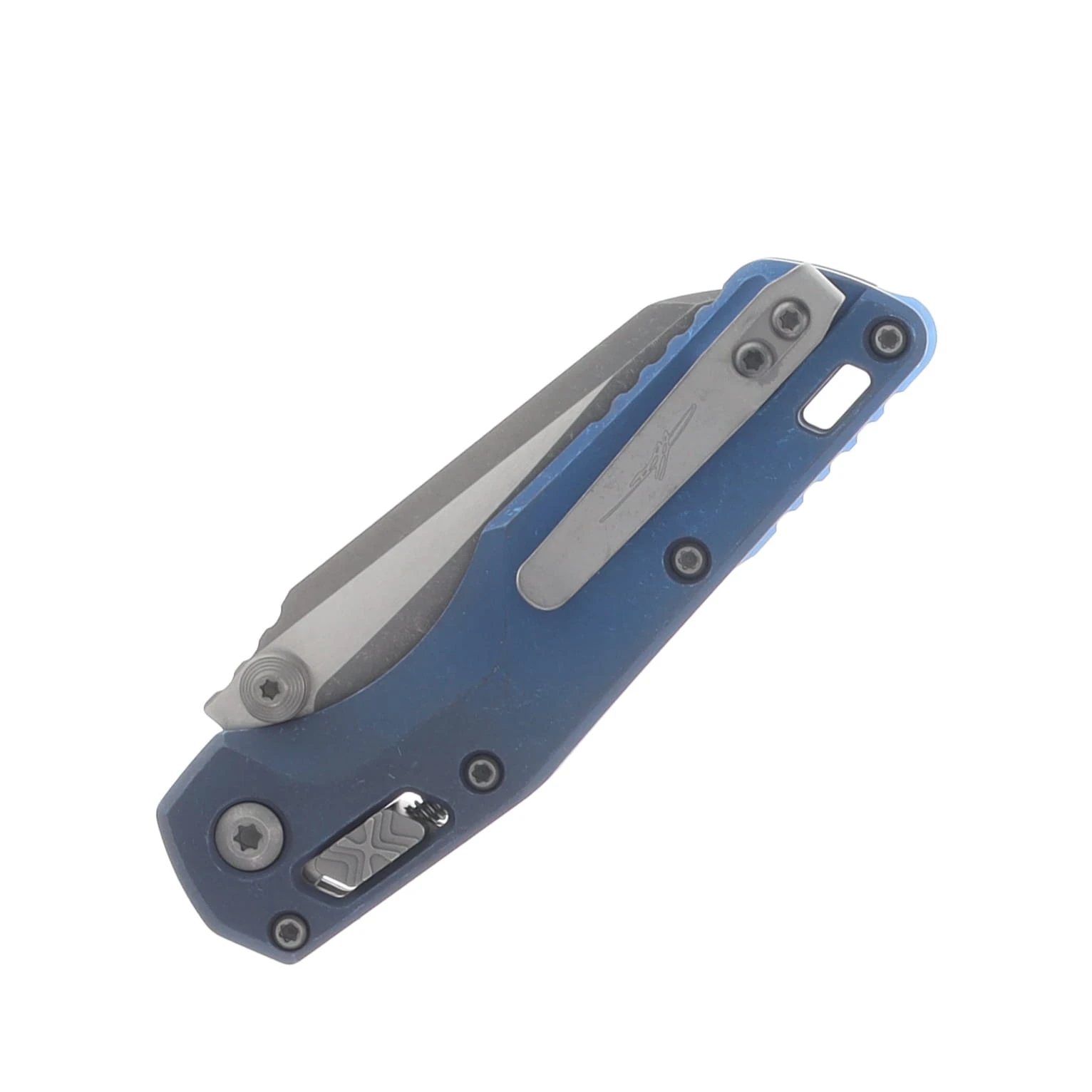 Microtech MSI Mini Ram-Lok Marfione Select Folder PS Apocalyptic Finish Antique Blue Anodized Slab Side TI W/ Blue TI Accent Apocalyptic Stainless View 5