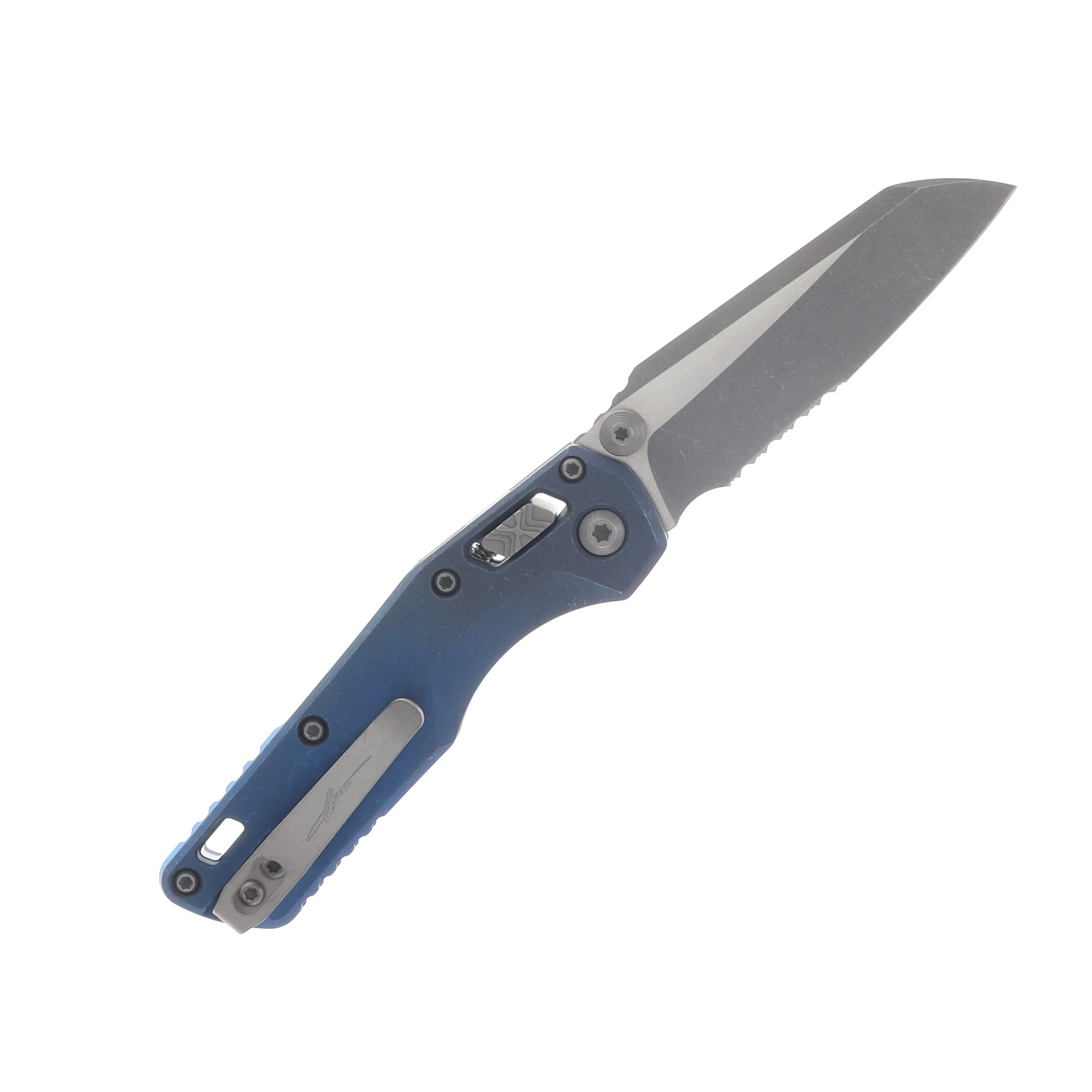 Microtech MSI Mini Ram-Lok Marfione Select Folder PS Apocalyptic Finish Antique Blue Anodized Slab Side TI W/ Blue TI Accent Apocalyptic Stainless View 2
