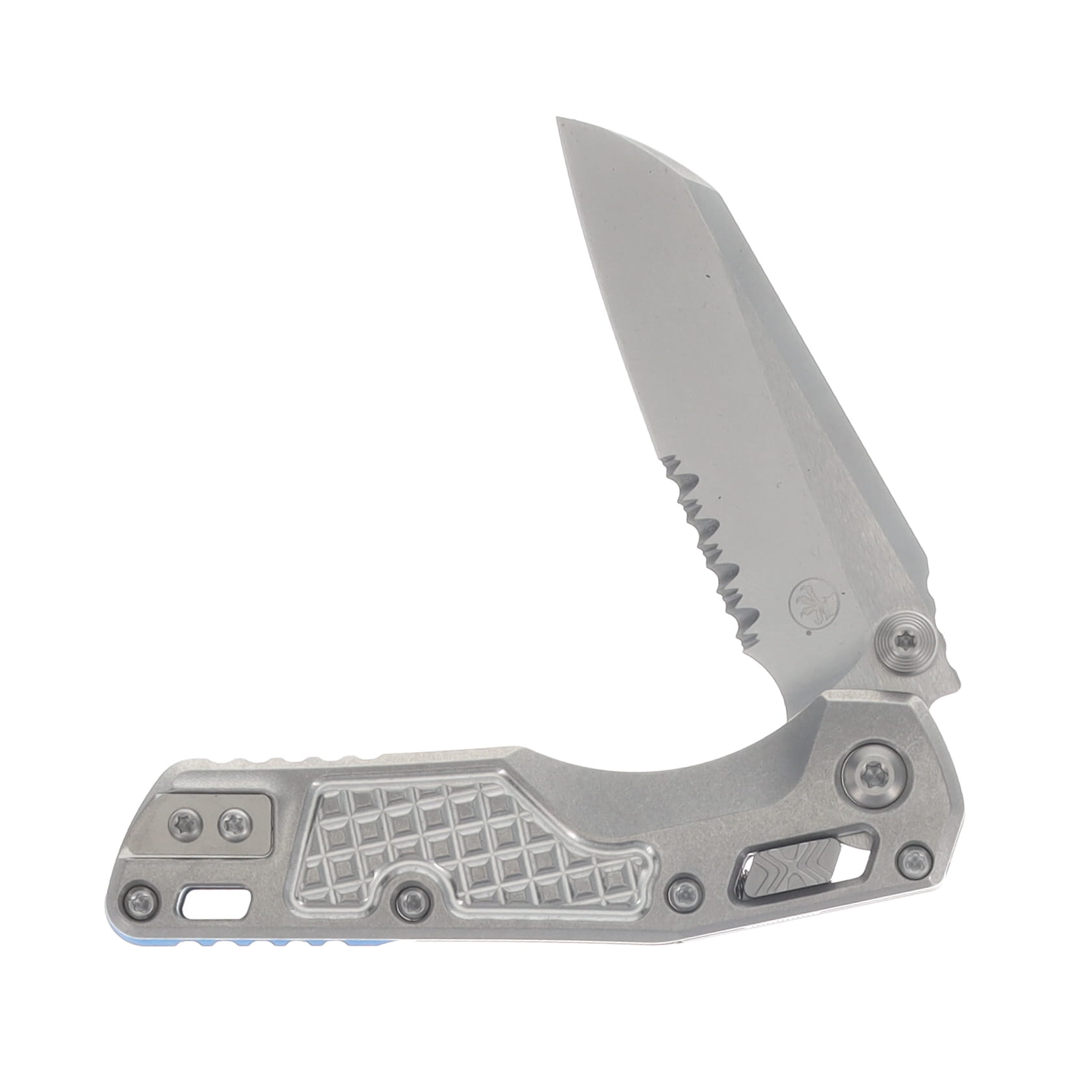Microtech MSI Mini Ram-Lok Marfione Select Folder PS SW Finish- SW Finish Frag Pattern TI W/Blue TI Accent Double Vapor Blast Stainless MT210M11FRMS3 View 3