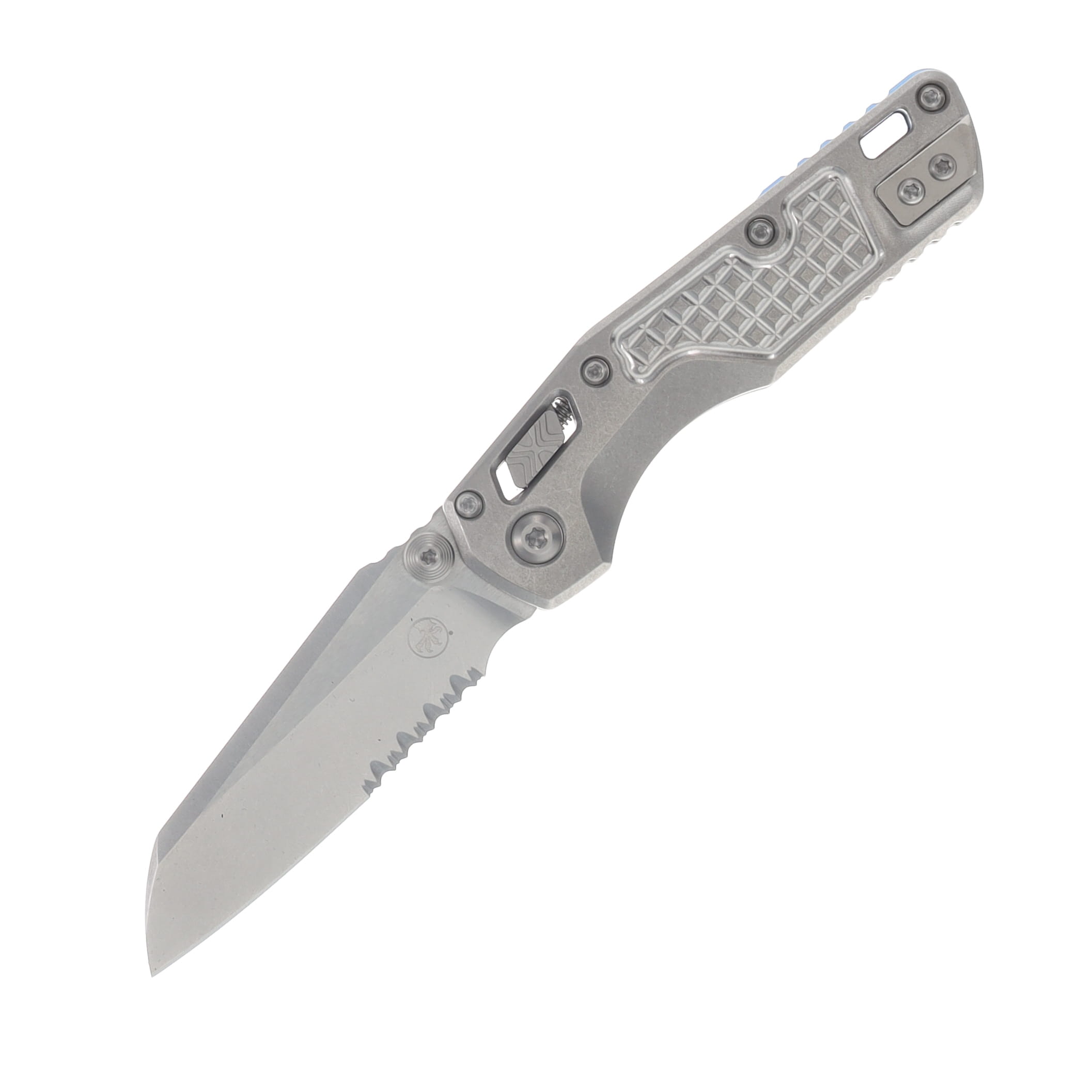 Microtech MSI Mini Ram-Lok Marfione Select Folder PS SW Finish- SW Finish Frag Pattern TI W/Blue TI Accent Double Vapor Blast Stainless MT210M11FRMS3 View 1