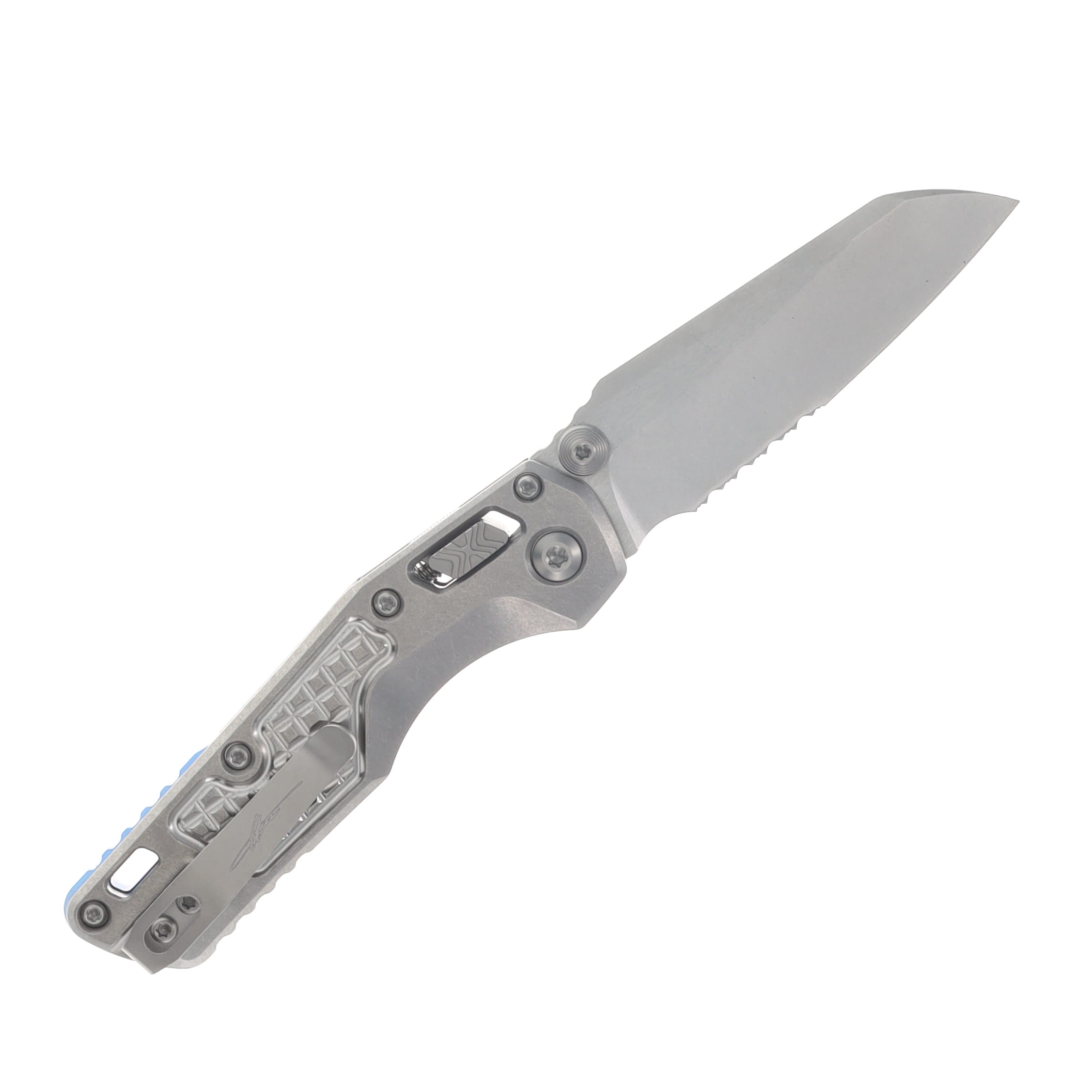 Microtech MSI Mini Ram-Lok Marfione Select Folder PS SW Finish- SW Finish Frag Pattern TI W/Blue TI Accent Double Vapor Blast Stainless MT210M11FRMS3 View 2