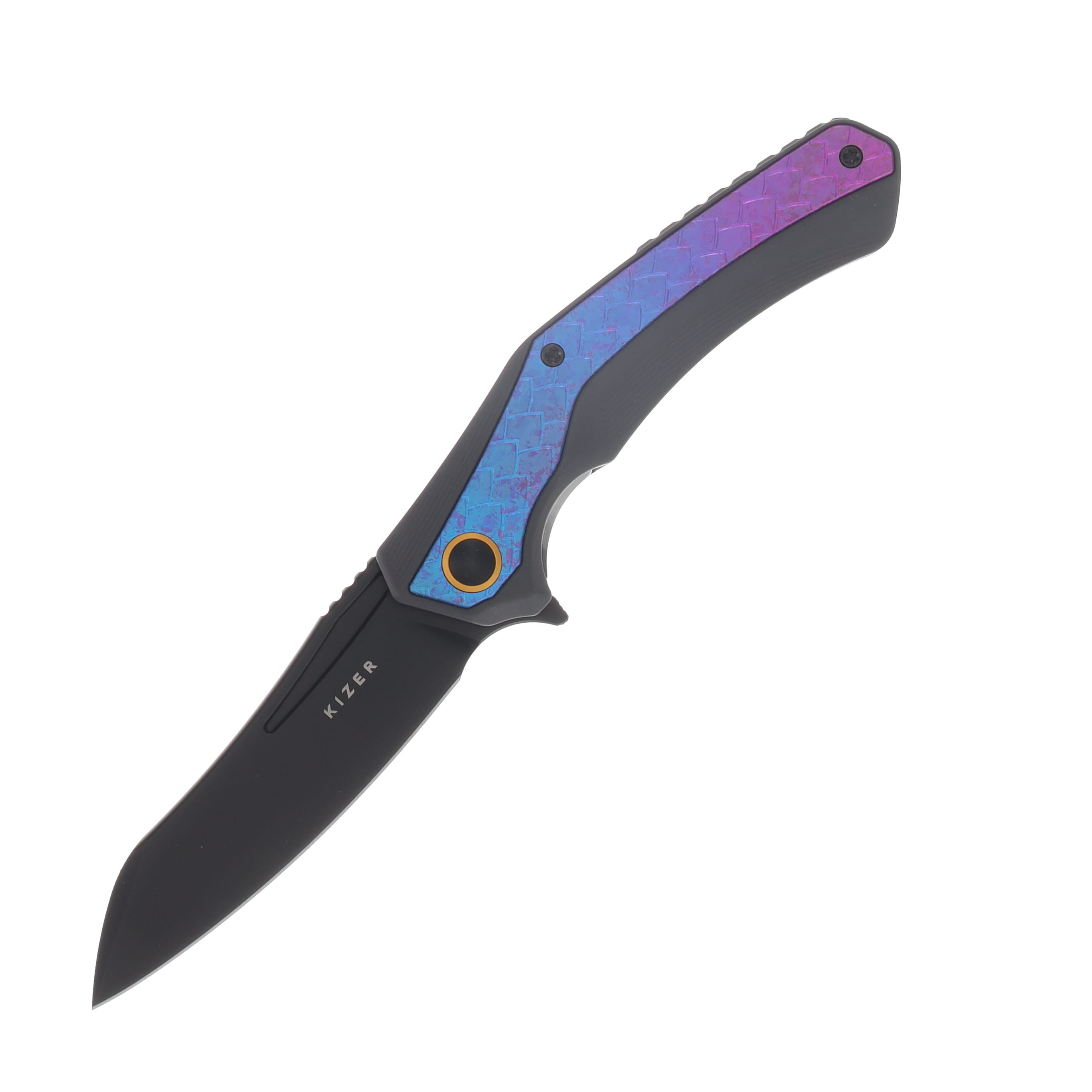 Kizer Draca Folder Black-Blue-Purple Aluminum and Crystallized Titanium Handle Black PVD S45VN Blade KI4751A2 View 1