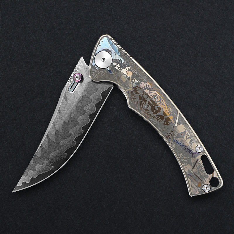 CH Knife Otoman Framelock Folder Silver Titanium Handle Mirror Damascus W/Elmax Core Blade CH3528 View 3