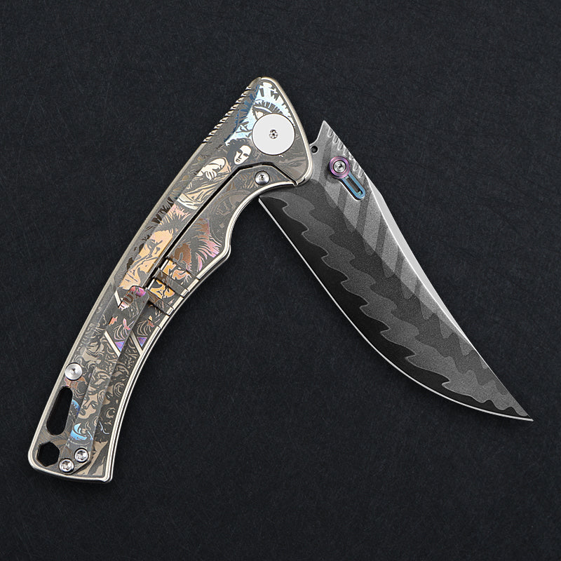 CH Knife Otoman Framelock Folder Silver Titanium Handle Mirror Damascus W/Elmax Core Blade CH3528 View 4