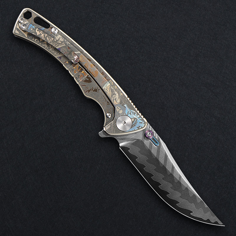 CH Knife Otoman Framelock Folder Silver Titanium Handle Mirror Damascus W/Elmax Core Blade CH3528 View 2