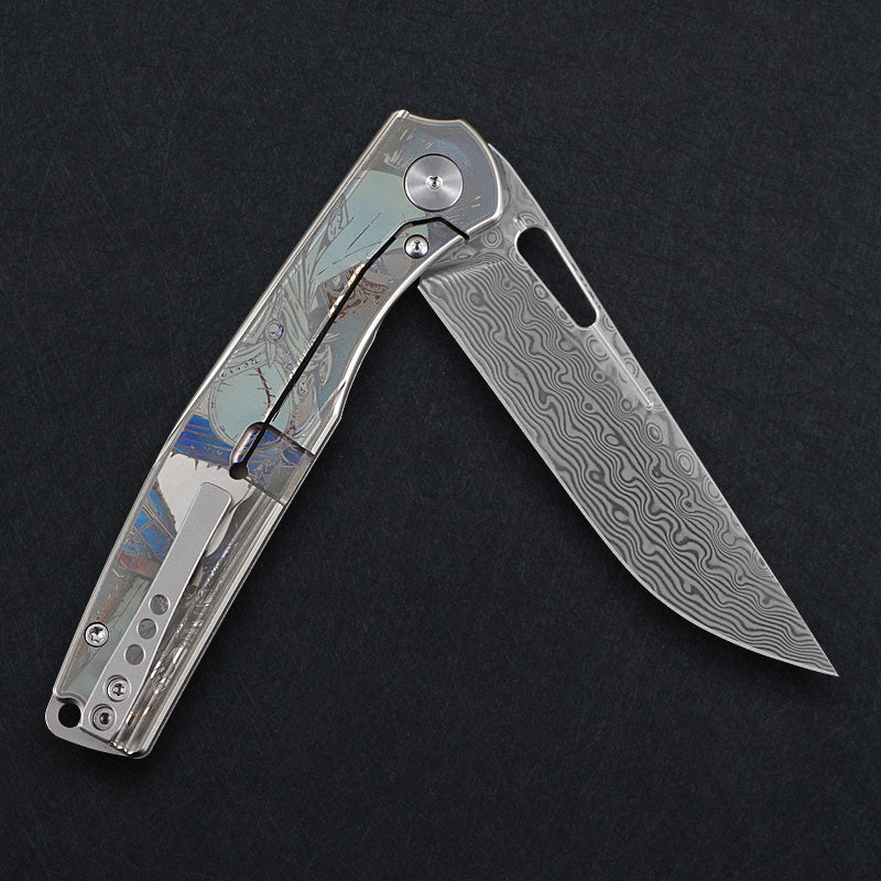 CH Knife Blast Framelock Folder Silver Titanium Handle Satin Damascus Blade CH3538 View 3