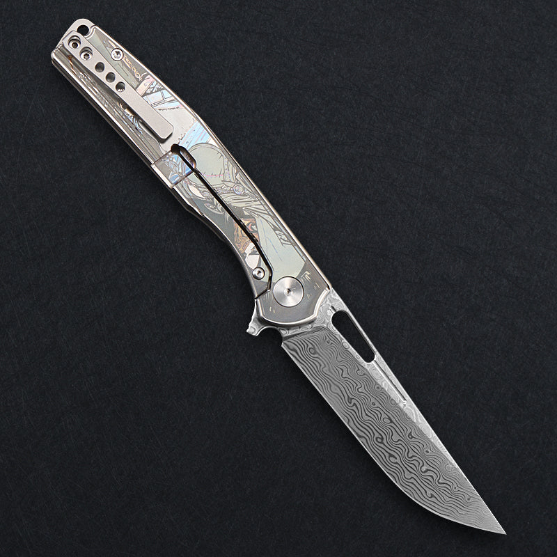 CH Knife Blast Framelock Folder Silver Titanium Handle Satin Damascus Blade CH3538 View 4