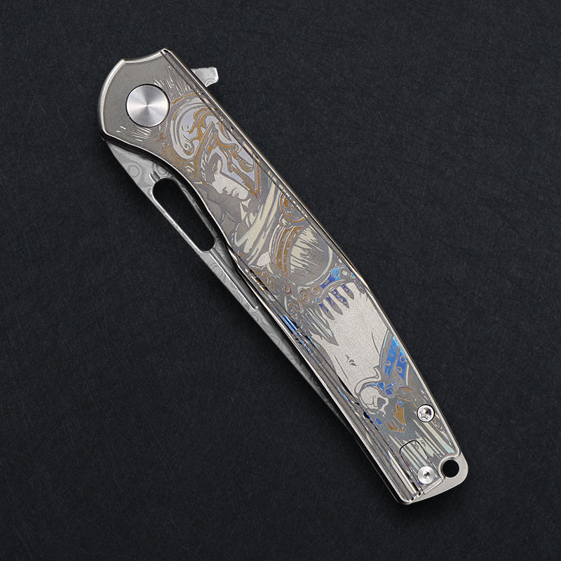 CH Knife Blast Framelock Folder Silver Titanium Handle Satin Damascus Blade CH3538 View 6