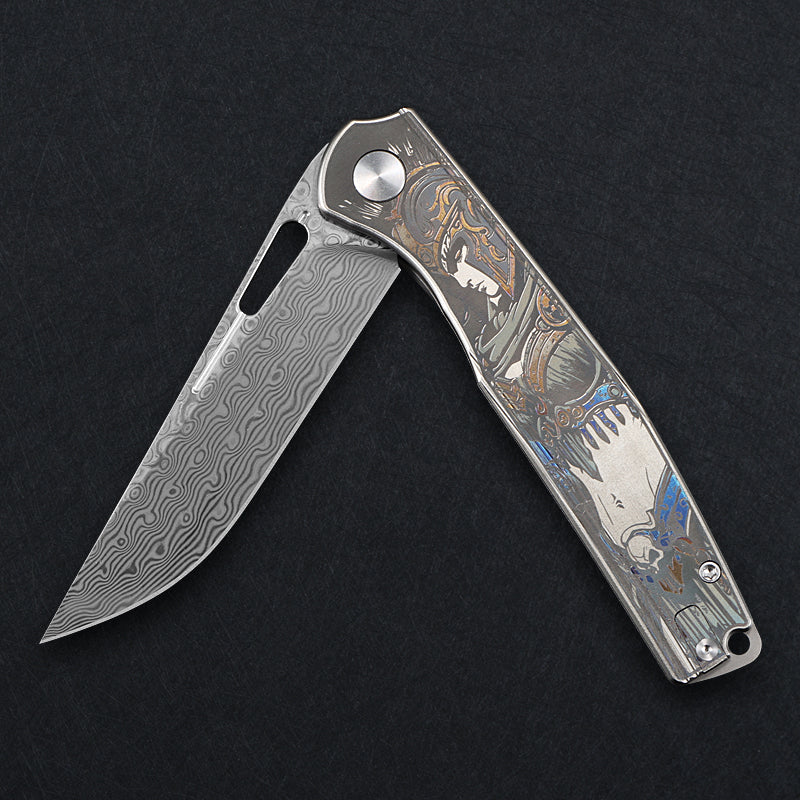 CH Knife Blast Framelock Folder Silver Titanium Handle Satin Damascus Blade CH3538 View 5