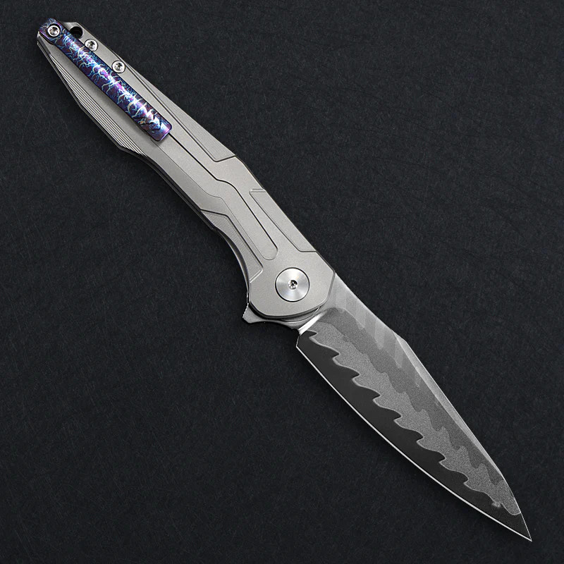 CH Knife Wartex Folder Silver TI and Carbon Fiber Handle Damascus W/Elmax Core Blade CHWARTEXSL View 3