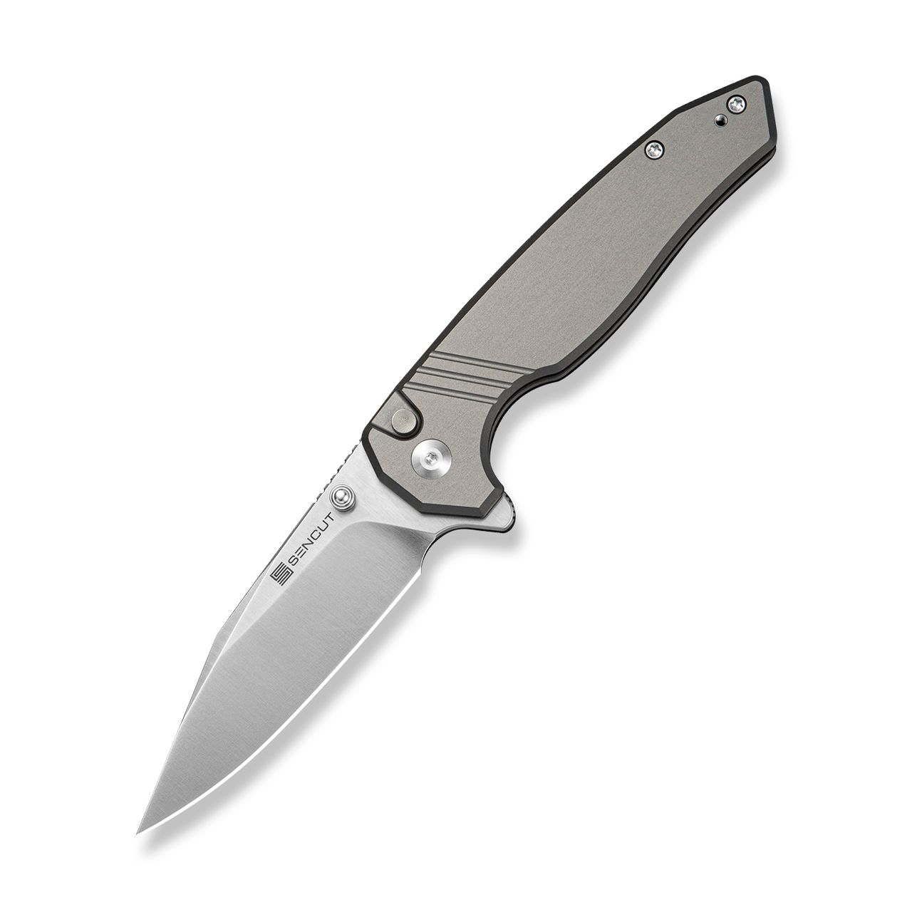 Sencut Selkyris Button Lock Folding Knife Satin D2/Gray Aluminum S25068-2 View 1