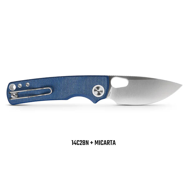 Vosteed Porcupine Thumb Hole Folder 14C28N Satin Blade Blue Micarta Handle View 3