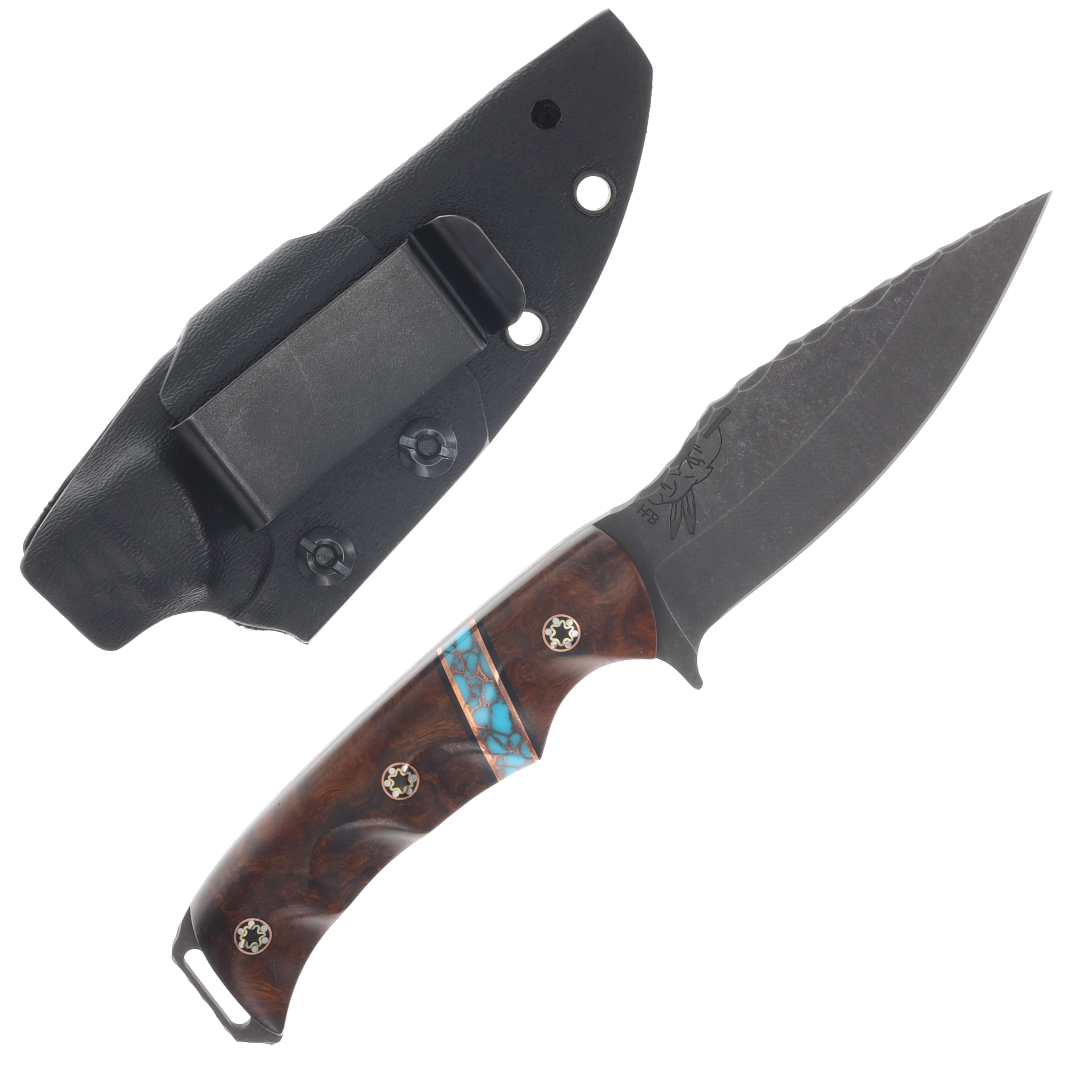 Half Face Ishi Fixed Knife Desert Ironwood Black G10 and Copper Pin Striping Turquoise W/ Copper Split Tru Stone Split Mosaic Pins HFISHIDIBK View 2