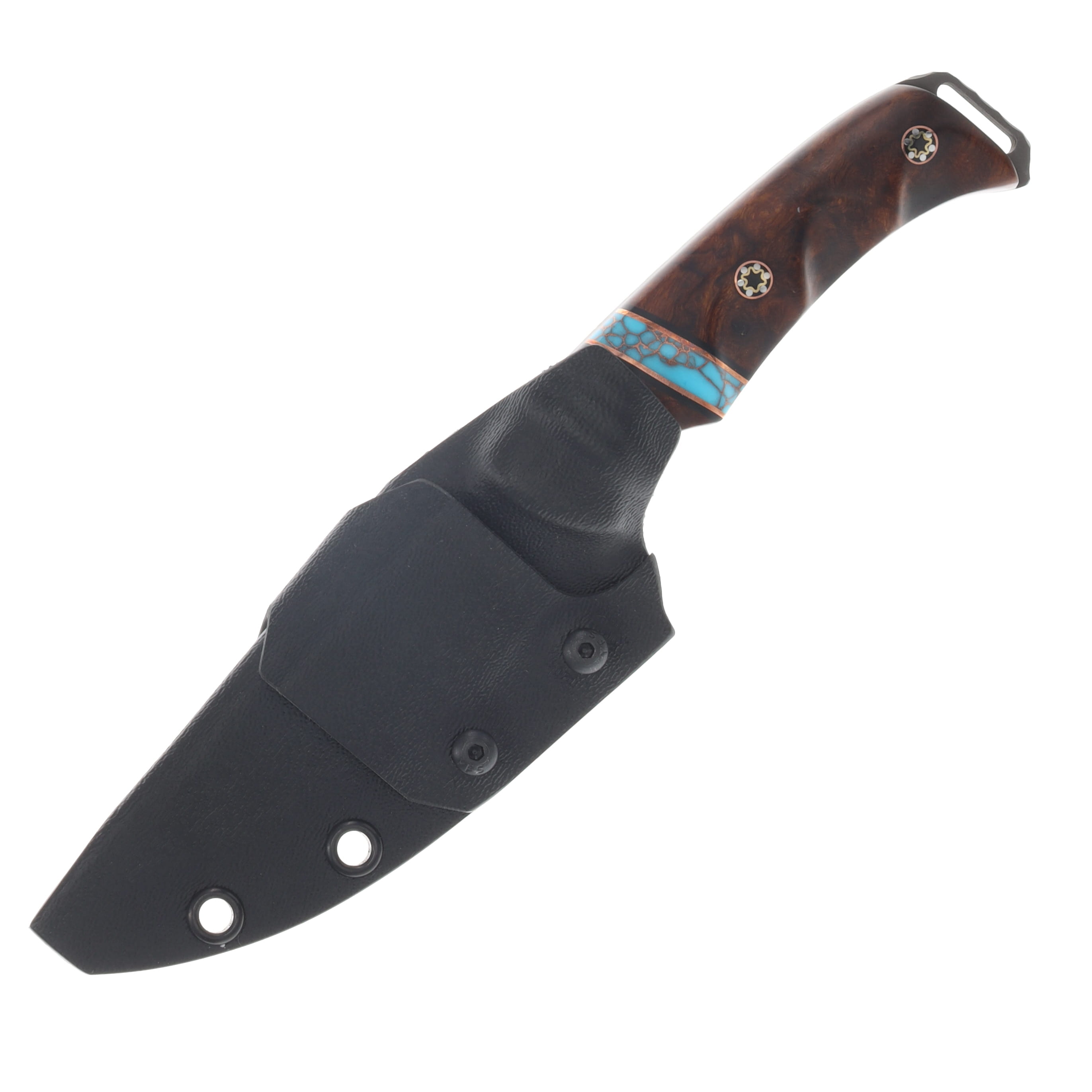 Half Face Ishi Fixed Knife Desert Ironwood Black G10 and Copper Pin Striping Turquoise W/ Copper Split Tru Stone Split Mosaic Pins HFISHIDIBK View 3