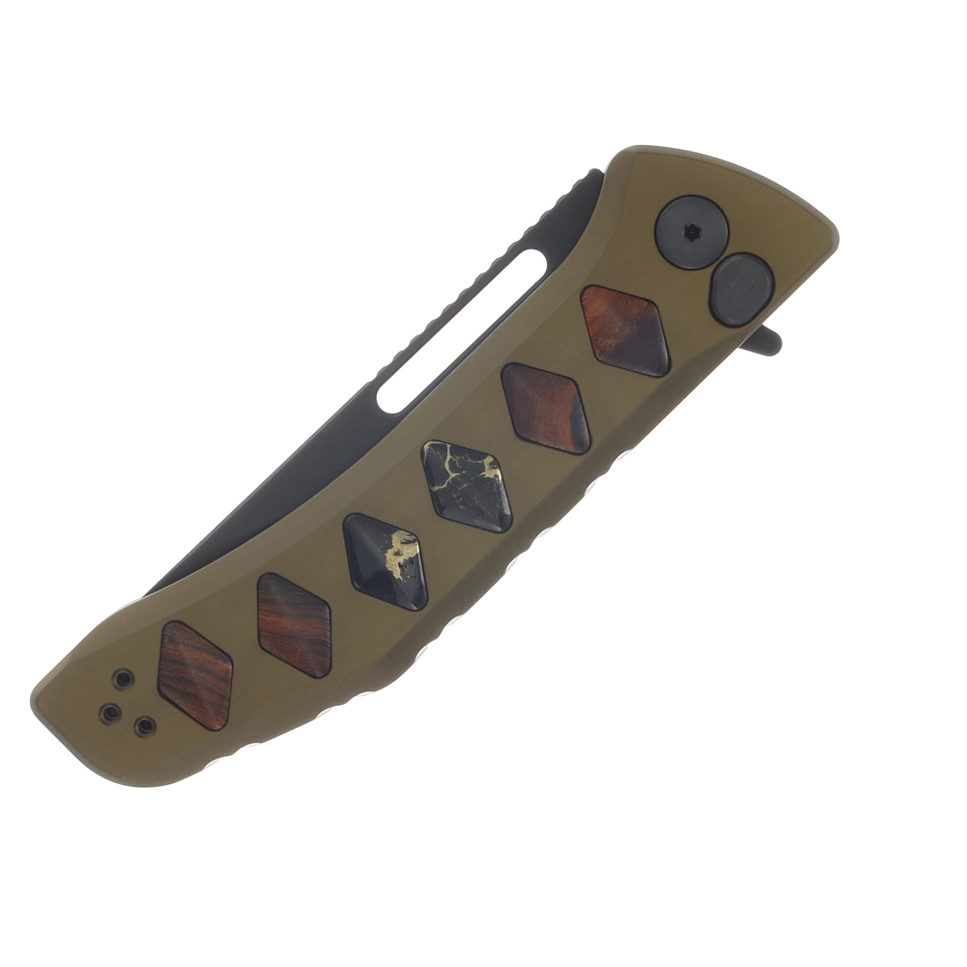 Half Face Custom Kwaiken Folder Desert Ironwood and Black W/Gold Web Tru-Stone Inlay Anodized Green Handle Black Nitride Blade Textured Grip HFCUSTKWAIKENFDDIBKGLD View 5