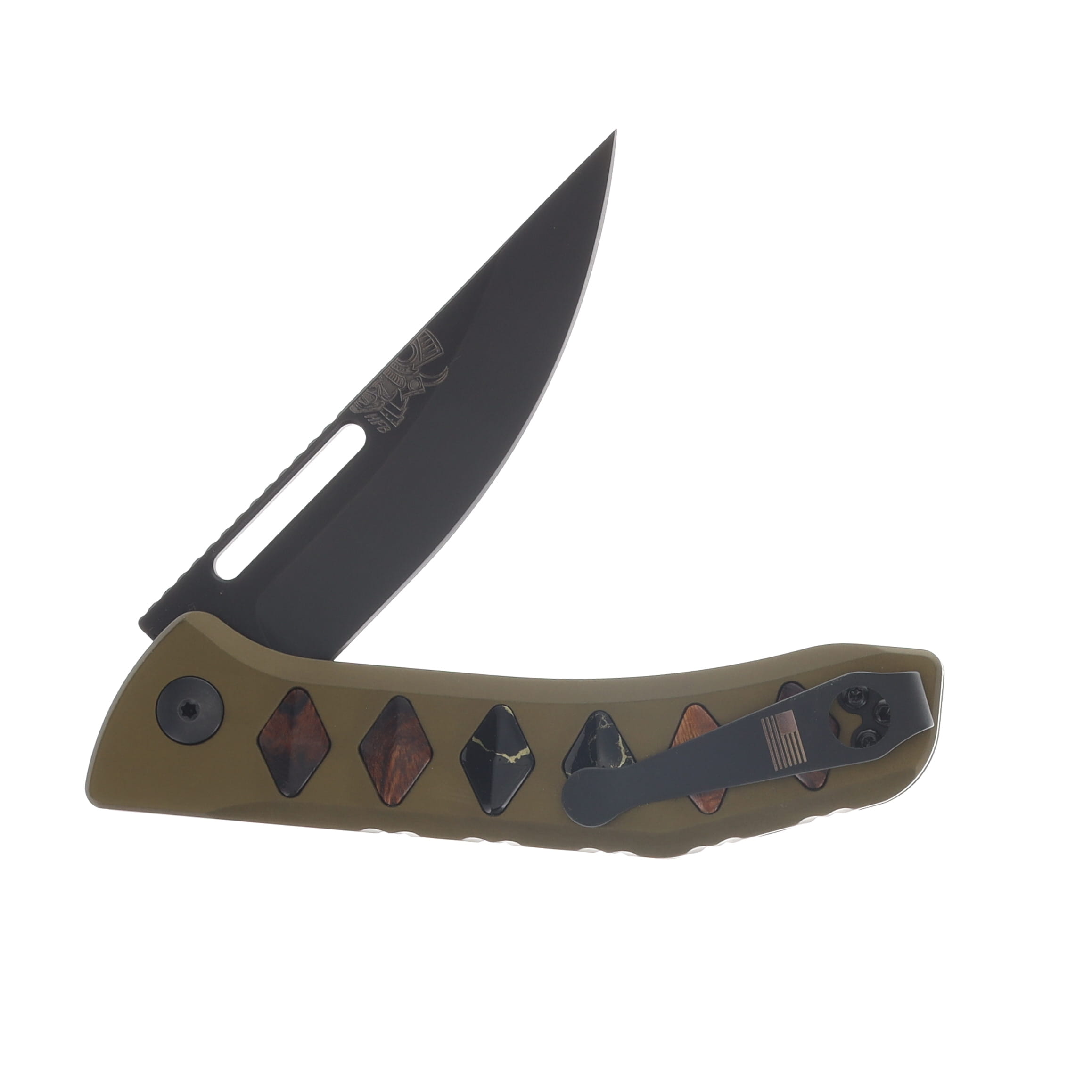 Half Face Custom Kwaiken Folder Desert Ironwood and Black W/Gold Web Tru-Stone Inlay Anodized Green Handle Black Nitride Blade Textured Grip HFCUSTKWAIKENFDDIBKGLD View 4