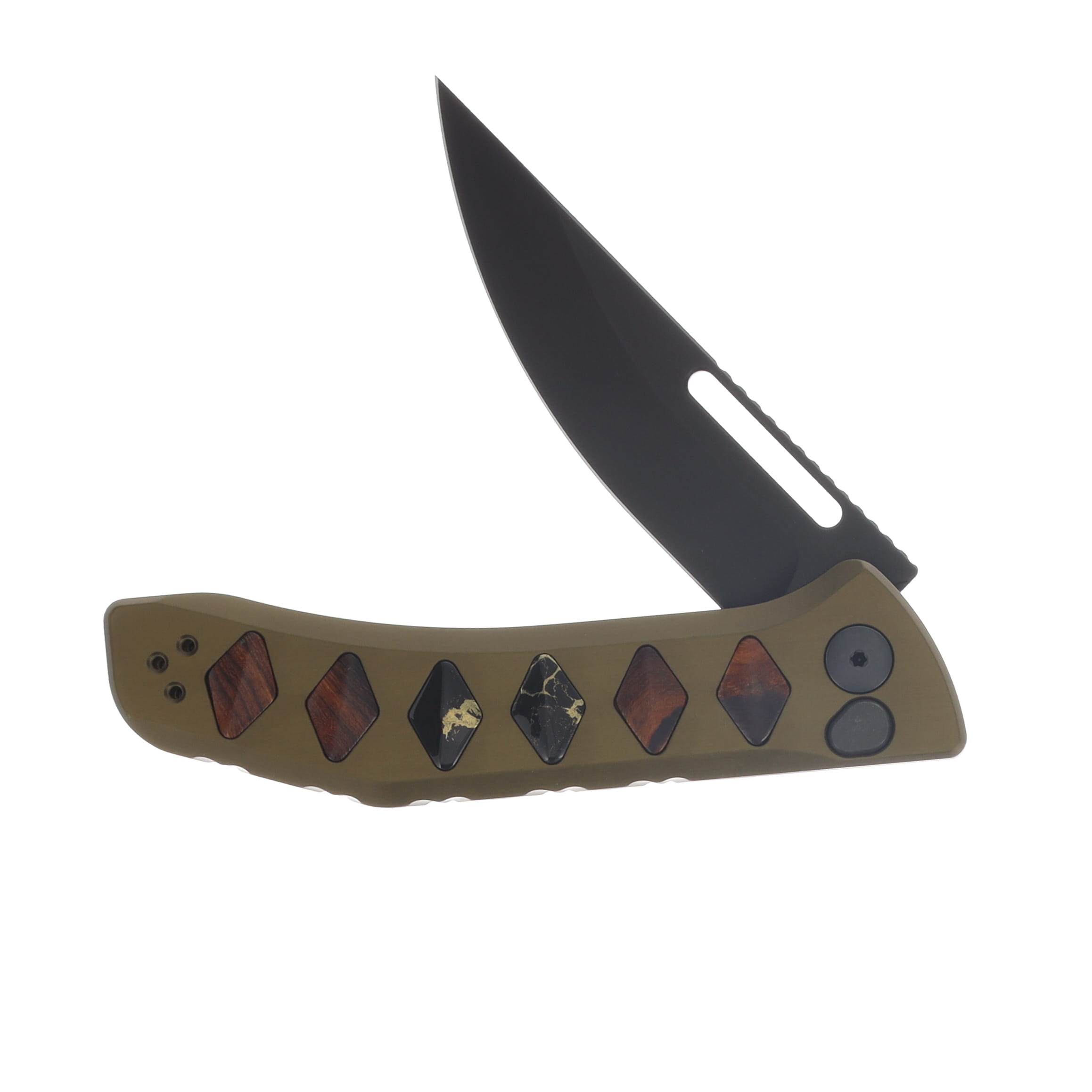 Half Face Custom Kwaiken Folder Desert Ironwood and Black W/Gold Web Tru-Stone Inlay Anodized Green Handle Black Nitride Blade Textured Grip HFCUSTKWAIKENFDDIBKGLD View 3